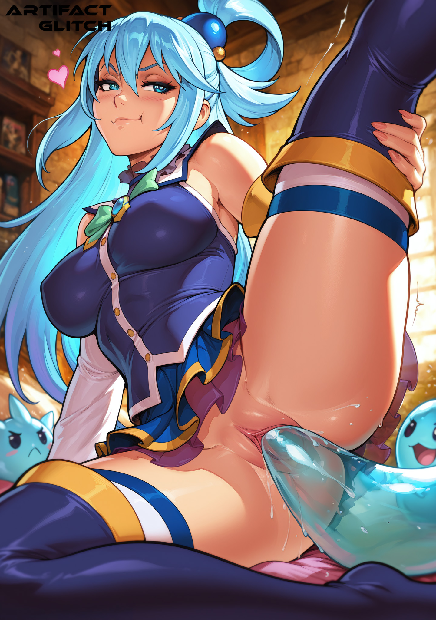 1girls, ai generated, aqua (konosuba), artifactglitch, breasts, cameltoe, female, kono subarashii sekai ni shukufuku wo!, konosuba, medium breasts, one leg up, pouting, pussy, skirt up, tentacle, tentacle sex, vaginal penetration, water manipulation, water monster, water tentacle