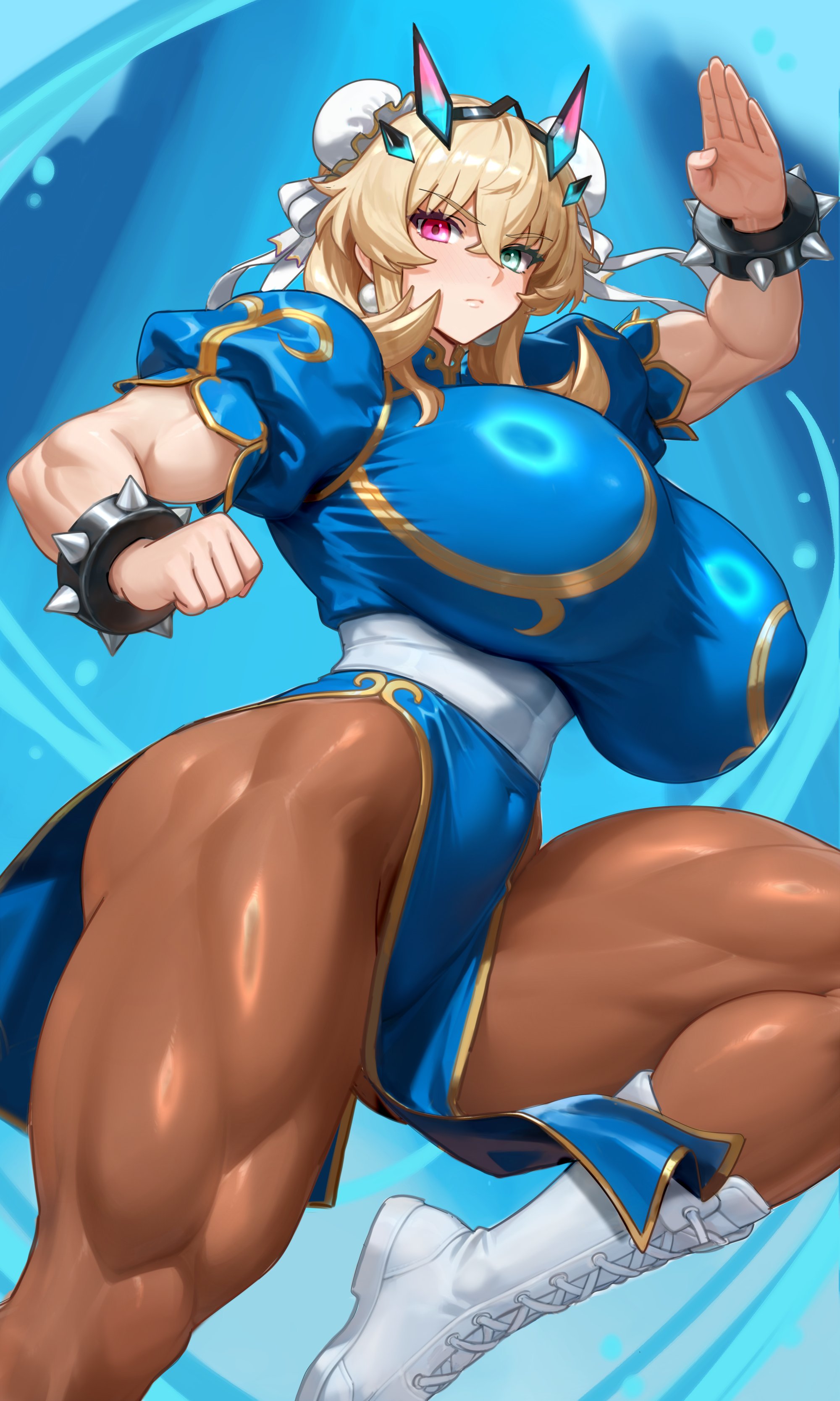 1girls, abs, absurdres, barghest (gawain) (fate), biceps, blonde hair, blue dress, blush, boots, bracelet, breasts, brown pantyhose, bun cover, china dress, chinese clothes, chun-li (cosplay), cosplay, covered navel, double bun, dress, earrings, fate (series), fate/grand order, female, female only, hair bun, heterochromia, highres, horns, huge breasts, jewelry, knee boots, light-skinned female, looking at viewer, medium hair, muscular, muscular female, pantyhose, pelvic curtain, raskasar, solo, spiked bracelet, spikes, street fighter, thick thighs, thighs, white boots