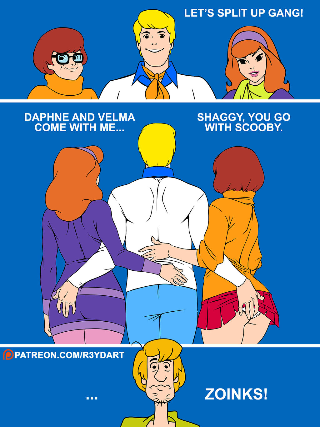 2boy, 2d, 2girls, accurate art style, ascot, ass, ass grab, big ass, black eyes, blonde hair, blue background, blue pants, bowtie, brown hair, bubble butt, busty, clothed, clothed female, clothed male, collared shirt, curvaceous, curvy, curvy female, daphne blake, edited, english text, eyeglasses, fat ass, female, fred jones, fully clothed, glasses, grabbing, grabbing ass, grabbing from behind, grope, groping, groping ass, groping from behind, hairband, hand on ass, handkerchief, hanna-barbera, happy, headband, hip grab, hourglass figure, human, imminent sex, imminent threesome, let's split up, gang! (meme), lifting skirt, light skin, light-skinned female, light-skinned male, lipstick, low res, lowres, male, male/female, meme, multiple boys, multiple females, multiple girls, multiple males, non-nude, orange hair, orange sweater, panties, pants, pov, purple shirt, r3ydart, red hair, scooby-doo, shaggy rogers, short hair, simple background, skirt, skirt lift, skirt up, smile, smiley face, stealth ass grab, straight, sweater, text, tight clothing, touching hip, velma dinkley, viewed from behind, white panties, wide hips, writing, yellow hair
