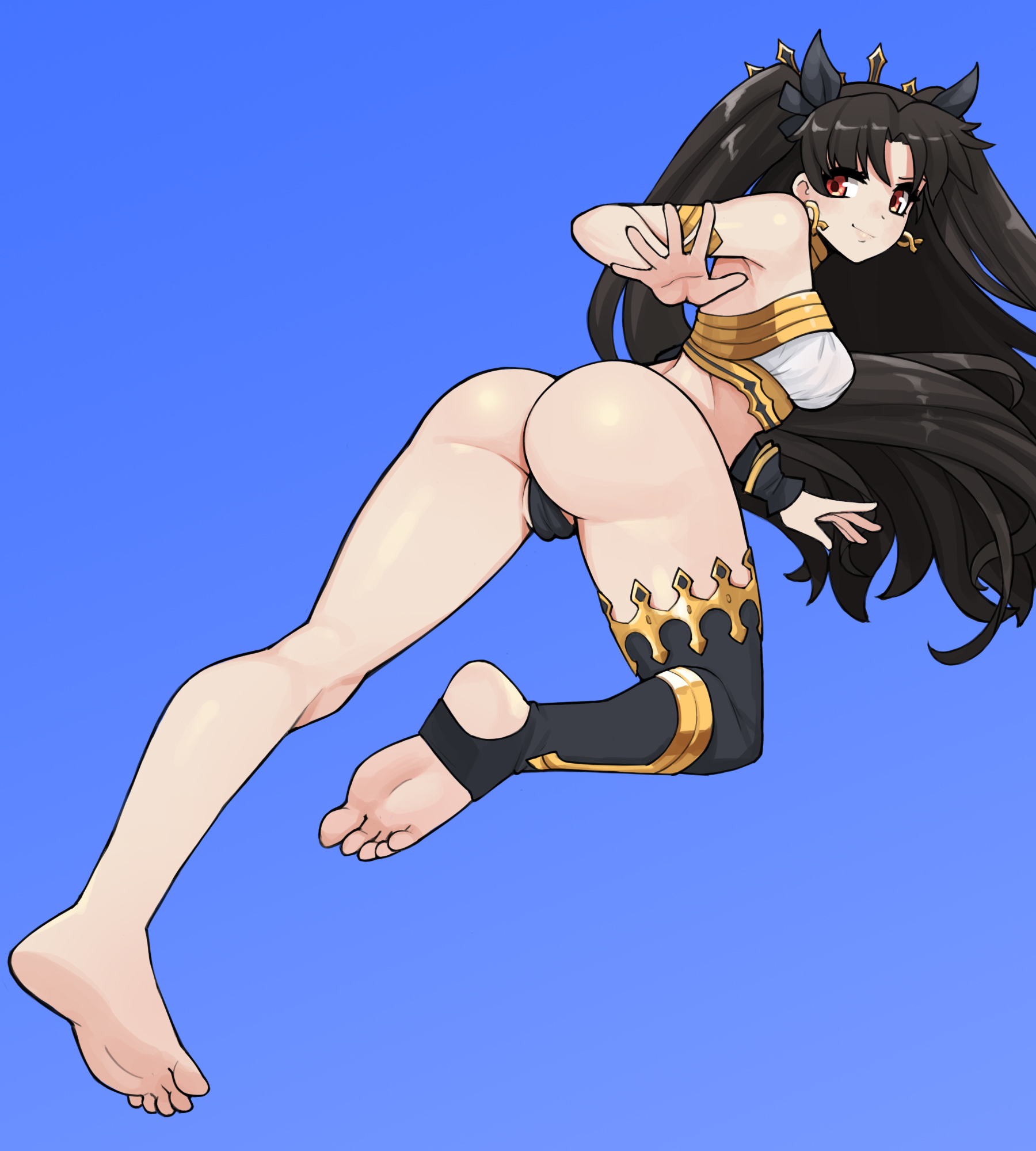 ass, barefoot, black hair, blue background, cameltoe, donburikazoku, fate (series), feet, female, flying, from behind, ishtar (fate), long hair, looking back, pose, pussy, red eyes, soles, solo, stirrup legwear, toes, viewed from below
