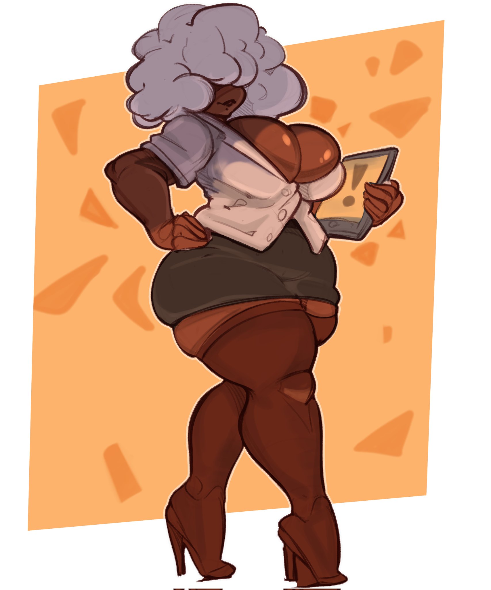 1girls, 2025, annette apricot, annettesugar, background, big breasts, big thighs, breasts, breasts bigger than head, cleavage, clipboard, color, curly hair, dark skin, dark-skinned female, digital drawing, digital media, female, female only, hair over eyes, hand on hip, heels, high heels, holding object, huge breasts, lips, office lady, orange background, secretary, skirt, thick thighs, thigh highs, thighs, voluptuous, voluptuous female, white border, white hair, wide hips