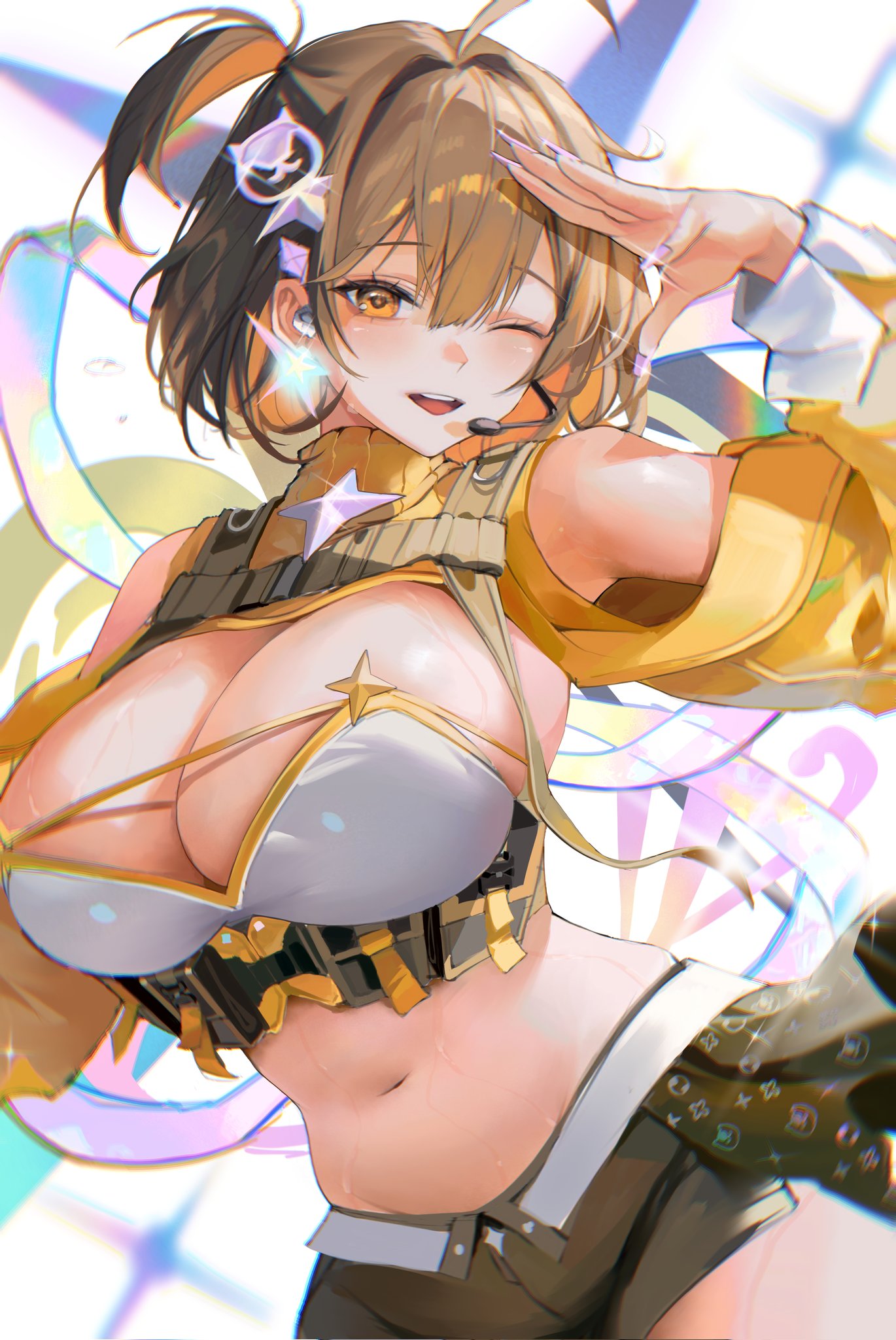 1girls, anis (nikke), brown eyes, brown hair, female, female only, goddess of victory: nikke, highres, idol, idol clothes, n1n1, navel, official alternate costume, official alternate design, one eye closed, open mouth, plump, shorts, smile, stomach, sweat