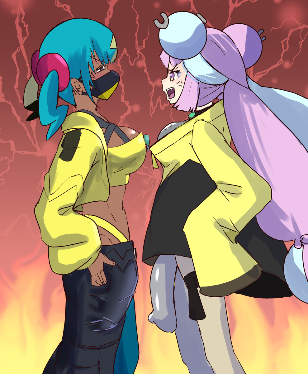 2futas, anger vein, angry, angry face, blonde hair, blue hair, breasts, bulge, bulge through clothing, canari (pokemon), canary (pokemon), catfight, dark skin, dark-skinned futa, fire background, futa with futa, futanari, game freak, intersex, iono (pokemon), jacket, large breasts, light skin, light-skinned futa, multicolored clothing, multicolored mask, multicolored pants, nanjamo (pokemon), nintendo, pants, pink hair, pokemon, pokemon legends: z-a, staredown, streetwear, two-tone clothing, two-tone mask, two-tone pants, yellow hair