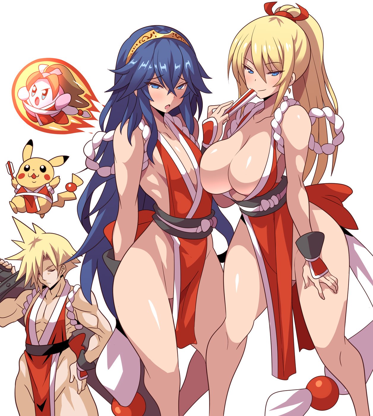 2boys 2girls alternate_breast_size alternate_outfit ambiguous_gender anime_style ass bedroom_eyes big_ass big_breasts big_butt bimbo blue_eyes blue_hair breast_envy breasts breasts_to_breasts canon_crossdressing cleavage cloud_strife cosplay crossover dress female feral final_fantasy final_fantasy_vii fire_emblem fire_emblem_awakening furry holding huge_breasts human kirby kirby_(series) konno_tohiro large_ass large_breasts larger_female loincloth long_breasts long_hair looking_at_viewer lucina_(fire_emblem) mai_shiranui mai_shiranui_(cosplay) male metroid muscular muscular_male nintendo no_panties pikachu pink_skin pokemon pokemon_rgby ponytail pose revealing_clothes ribs rodent sagging_breasts samus_aran seductive shiny_skin short_hair sideboob size_difference small_breasts smaller_male standing super_smash_bros. sword thick_thighs thigh_gap white_background wide_hips yellow_fur