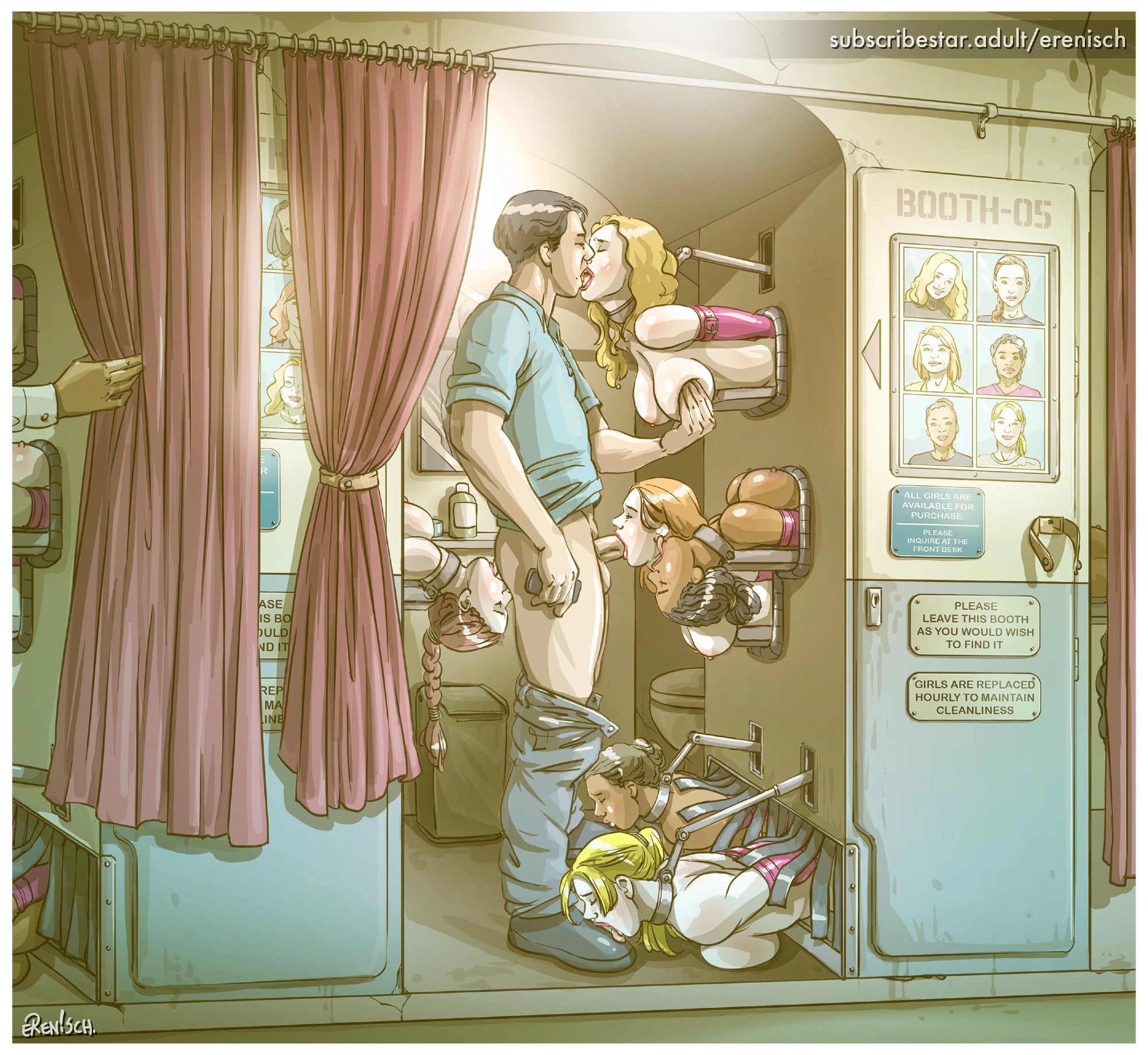 2boys, 8girls, arm binder, armbinder, blonde hair, blowjob, bondage, booth (structure), bound, bound arms, bound neck, brown hair, collar, commodification, curtains, eating ass, english text, erenisch, female, femsub, for sale, illustration, kissing, legal slavery, licking shoes, male, metal collar, oral sex, ponytail, slave, slave girl, slavery, squeezing breast, stationary restraints, text