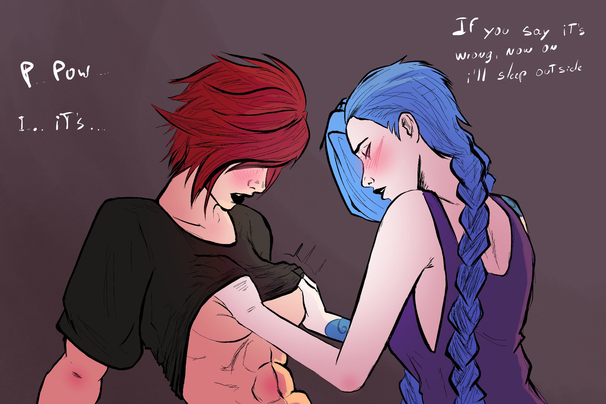 2d, 2girls, abs, arcane, arcane jinx, arcane vi, black lipstick, blue hair, blush, braided hair, braids, breasts, dialogue, english text, female, female only, groping, groping breasts, incest, jinx (league of legends), league of legends, long hair, muscular, muscular female, pink eyes, red hair, shirt lift, short hair, siblings, sisters, tattoo, unknownerror54, very long hair, vi, yuri