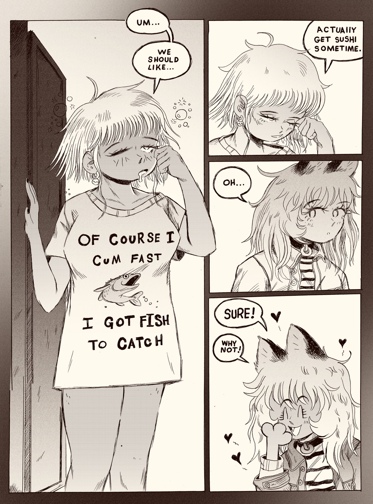 2girls, bonnie guerra, bxxxnie, comic, cute, earrings, female, monochrome, shirt only, text, tired, trans woman, transfem, werewolf, wholesome, wolf ears, yuri