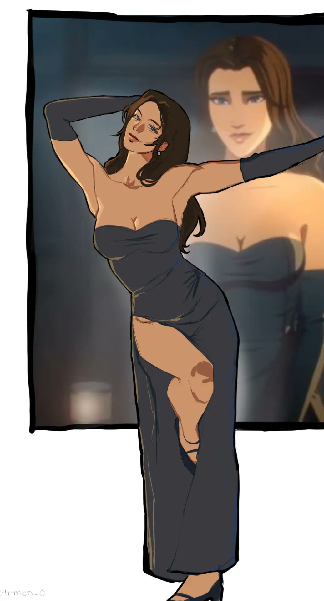 1girls, 2d, bare legs, beautiful, big breasts, blonde blazer, blue eyes, breasts, brown hair, busty, c4rmen 0, clothed, clothed female, color, dispatch (game), dress, female, female focus, female only, full color, gloves, high heels, hourglass figure, long gloves, long hair, mandy (dispatch), non-nude, pinup pose, solo, strapless dress, superheroine, tagme, thick thighs, wide hips