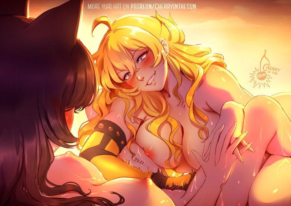2girls, black hair, black hair female, blake belladonna, blonde female, blonde hair, breasts, canon couple, cat ears, cherryinthesun, female, long hair, long hair female, nude female, purple eyes, rwby, yang xiao long, yuri