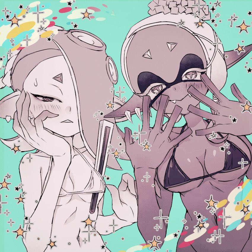 artist request, bikini, cyano0420, female, frye (splatoon), frye onaga, inkling, inkling girl, octoling, octoling girl, shiver (splatoon), shiver hohojiro, splatoon, splatoon (series), splatoon 3, tagme, tentacle hair