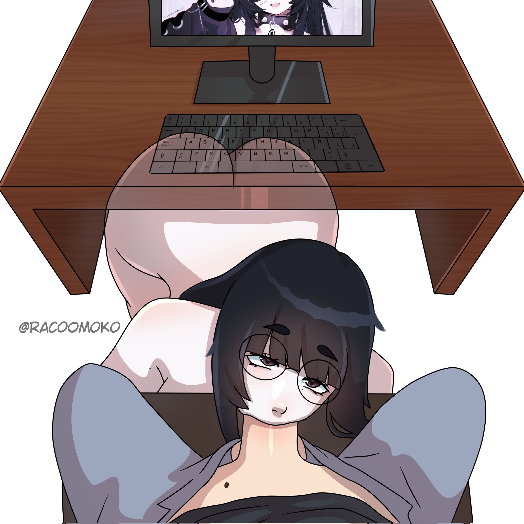 1boy, 1girls, big ass, blowjob, female, glasses, indie virtual youtuber, madi (vtuber), male, mole under eye, mouth full of cock, naked female, penis, pov, racoomoko, sucking penis, thick eyebrows, under desk, virtual youtuber, vtuber