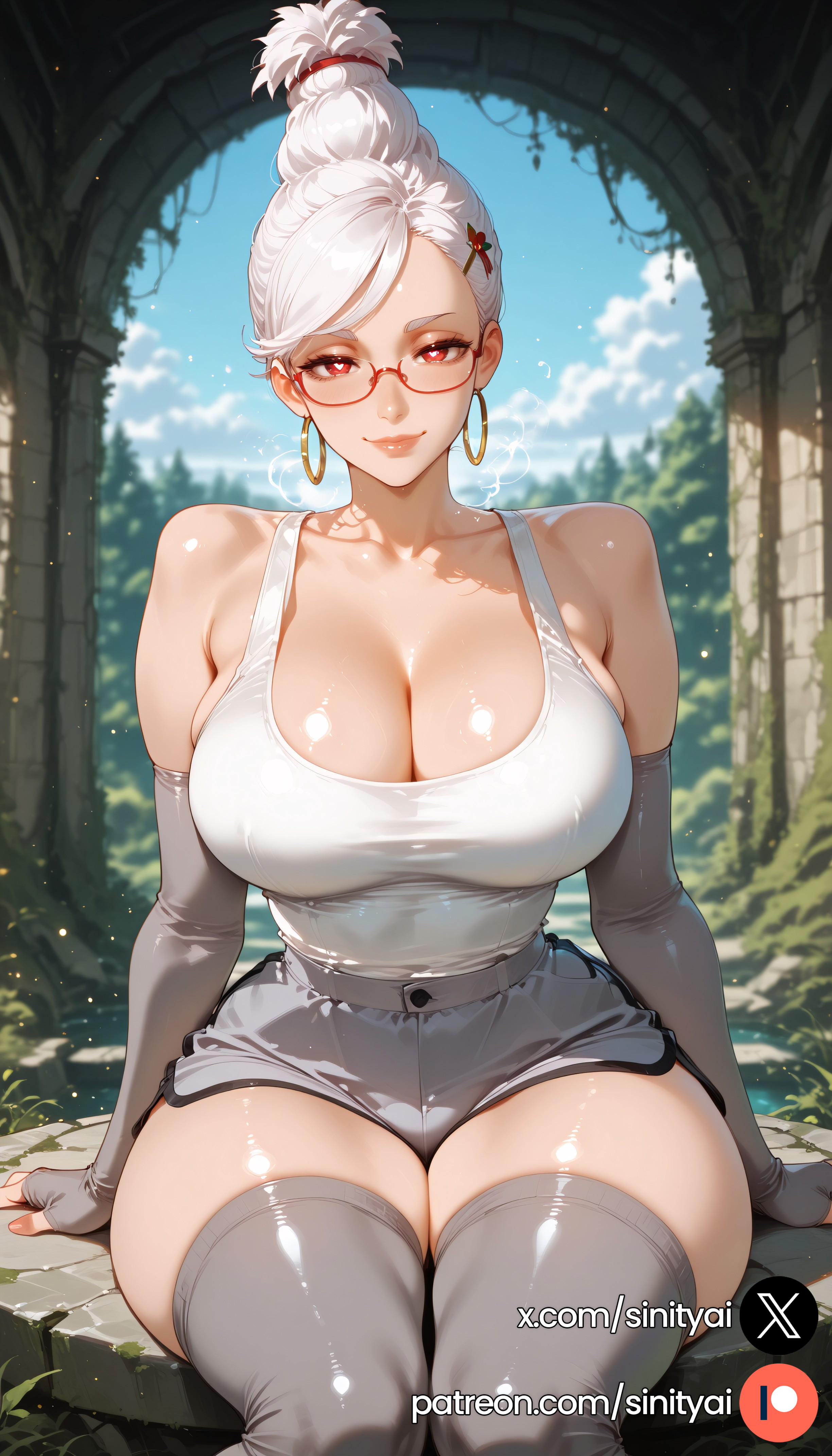 1girls, 2025, ai generated, ass, ayase seiko, big ass, big breasts, blurred background, blurry background, breasts, dandadan, depth of field, female, hi res, high quality, high resolution, highres, huge ass, huge breasts, huge thighs, mature female, short hair, sinity, small waist, thick thighs, thin waist, white hair