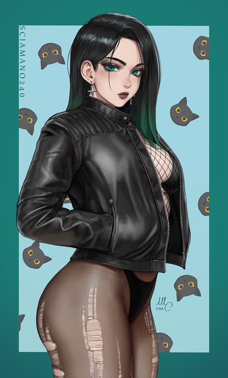1girls, april (sciamano240), black bra, black hair, black panties, cat, cross earrings, female, fishnets, green eyes, green hair, leather clothing, leather jacket, mirco cabbia, multicolored hair, oc, original, original character, pale skin, pale-skinned female, pantyhose, ripped pantyhose, sciamano240, simple background, solo, solo female