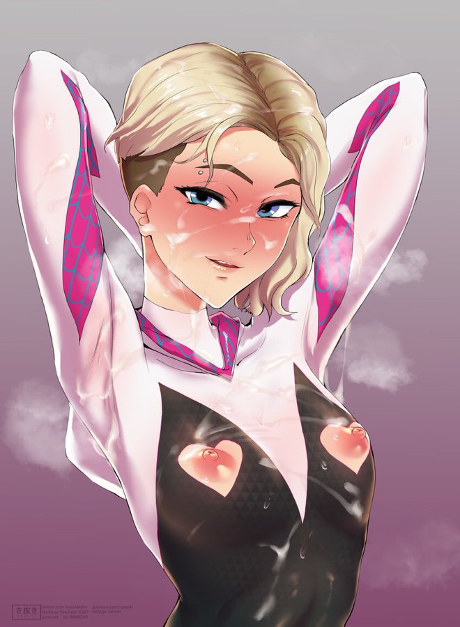 armpits arms_behind_head blonde_hair blue_eyes blush costume cum cum_on_body eyebrow_piercing gwen_stacy heart-shaped_nipples marvel musk nipples sanuki_(kyoudashya) short_hair smile spider-gwen spider-man:_into_the_spider-verse spider-man_(series) superheroine tight_clothing