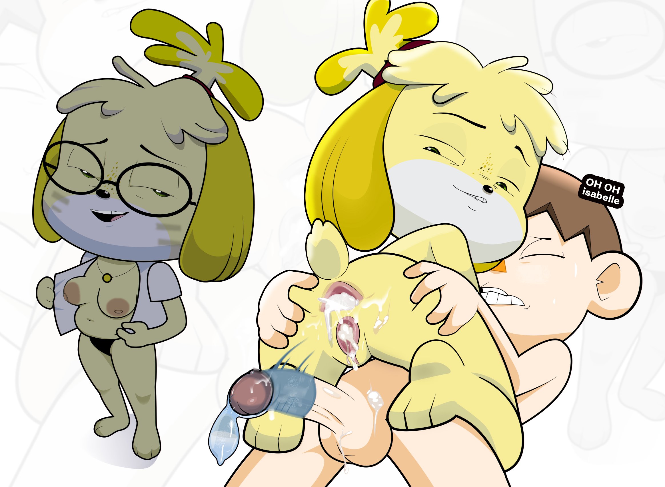 1boy, 1girls, after anal, after sex, after vaginal, animal crossing, animal ears, animal feet, animal nose, anthro, anus, artist name, ass, ass grab, balls, barefoot, black eyes, black panties, black-framed eyewear, blonde hair, blush, body fur, bottomless, breasts, breasts out, broken condom, brown hair, buck teeth, clenched teeth, clitoral hood, closed eyes, clothed female nude male, clothing, completely nude, condom, condom on penis, cum, cum in ass, cum in pussy, cum overflow, cum string, cumdrip, dog ears, dog girl, dog tail, doubutsu no mori, english text, erection, female, female on top, flat color, freckles, from behind, full body, furry, furry female, furry male, furry with non-furry, gaping, genitals, glasses, gosgoz, hair tie, half-closed eye, half-closed eyes, happy, hetero, hotdiggedydemon, incest, interspecies, isabelle (animal crossing), jewelry, looking at viewer, looking back, looking down, looking pleasured, lying, male, mammal, medium breasts, multiple condoms, multiple views, nakadashi, navel, necklace, nipples, nude, on back, open clothes, open mouth, open shirt, panties, pawpads, penis, pussy, raised eyebrows, round eyewear, semen, sex, shirt, shizue (doubutsu no mori), short hair, short sleeves, simple background, small breasts, smile, snout, spread anus, spread ass, spread legs, standing, stomach, straddling, sweat, tail, teeth, testicles, tied hair, topknot, two-tone fur, underwear, urethra, used condom, used condom on penis, vagina, vaginal, villager (animal crossing), white background, white fur, white shirt, yellow fur