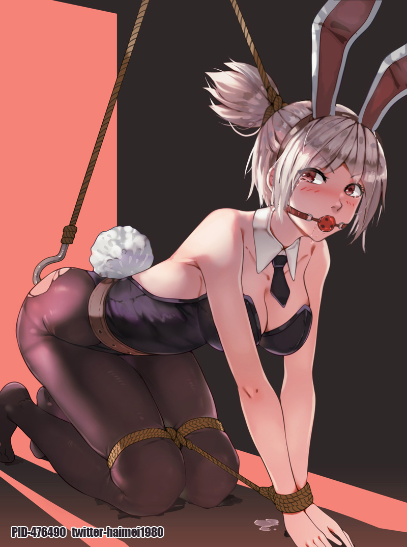 1girls all_fours anal anal_hook anal_object_insertion animal_ears artist_name ball_gag bare_shoulders battle_bunny_riven bdsm black_legwear black_neckwear blush bondage bound bound_legs bound_wrists breasts brown_legwear bunny_ears bunny_tail bunnysuit cleavage detached_collar fake_animal_ears female female_only femsub gag gagged haimei1980 league_of_legends leotard looking_at_viewer necktie object_insertion pantyhose ponytail puddle red_eyes riot_games riven rope rope_bondage saliva short_hair silver_hair skindentation solo strapless strapless_leotard suspension tail tears tie tied_up torn_clothes torn_legwear v-shaped_eyebrows