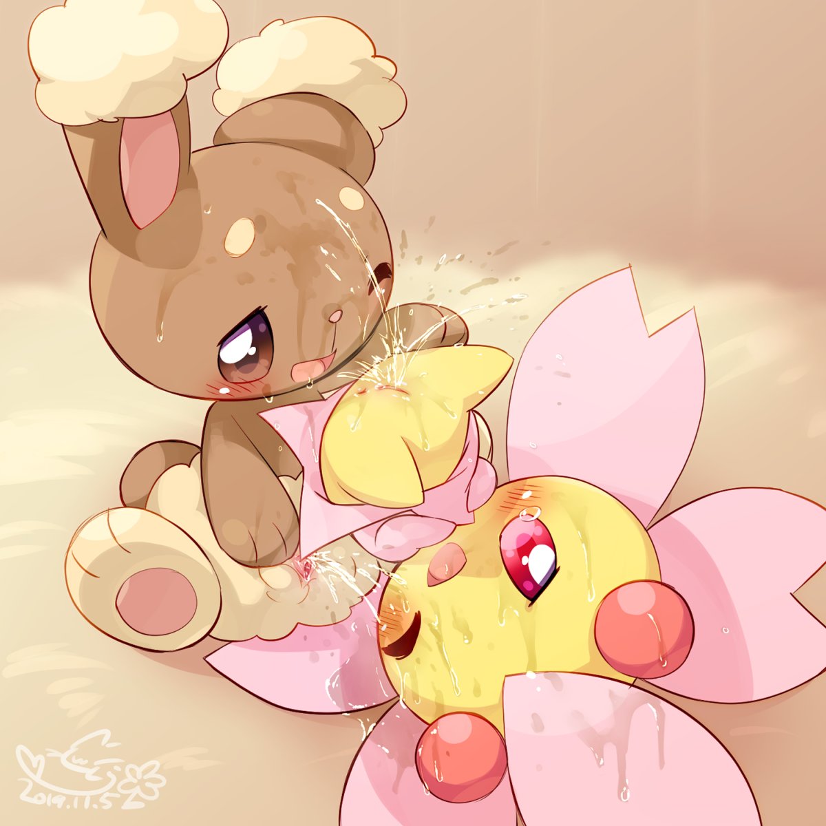 1:1 2girls abstract_background anus blush bodily_fluids brown_body brown_eyes brown_fur buneary cherrim cotora dated female fluffy_ears fur genital_fluids hi_res long_ears multiple_girls nintendo open_mouth pawpads pee_on_face peeing pink_nose pink_pawpads pokémon_(species) pokemon pokemon_dppt pussy red_eyes smile spread_pussy spreading tan_body tan_fur tears text tongue upside-down urine video_games watermark watersports wet yellow_body yellow_fur yuri