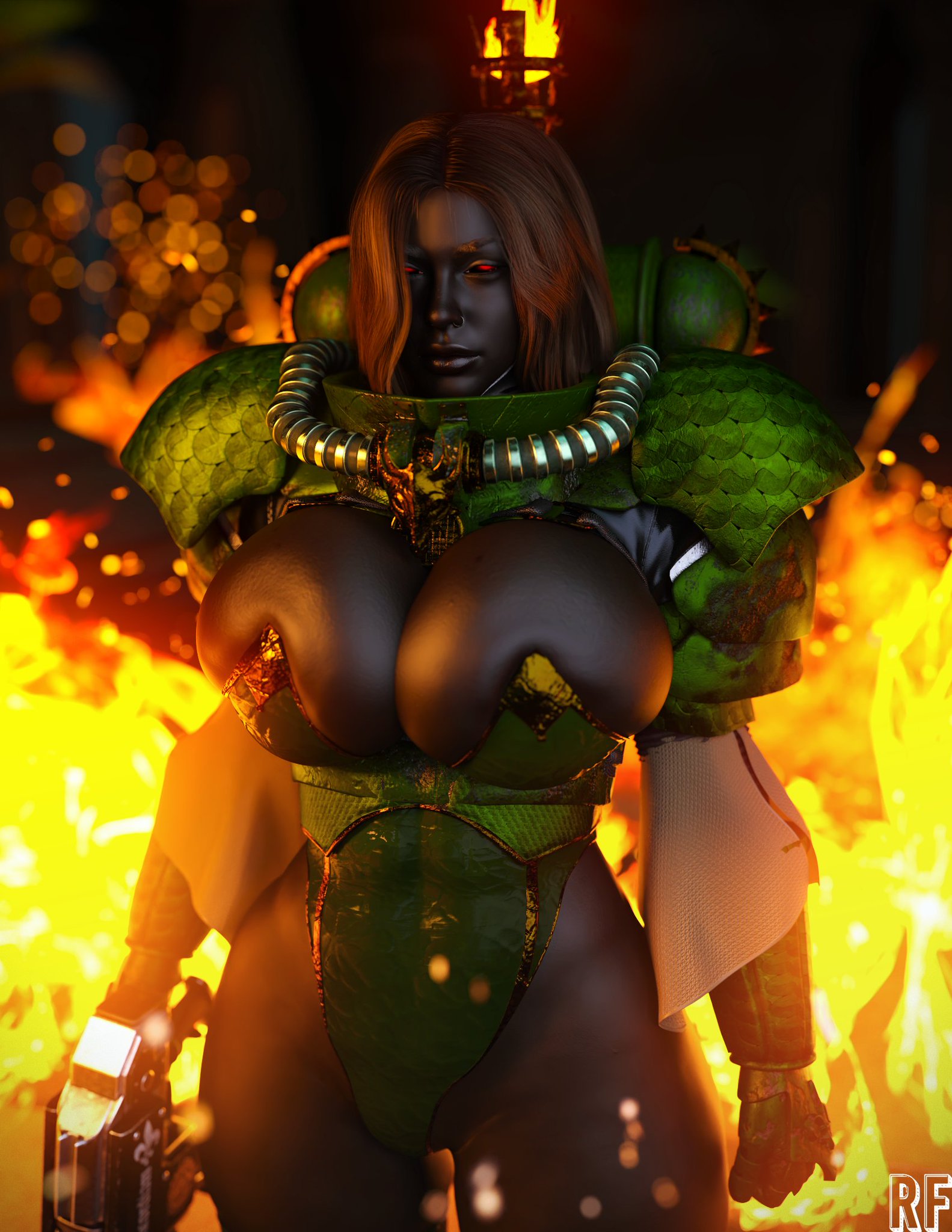1girls, 3d, adeptus astartes, big breasts, big thighs, black body, black skin, black-skinned female, bolter, breasts, bust, busty, covered nipples, curvaceous, curvy, curvy figure, dark skin, dark-skinned female, digital media (artwork), female, female space marine, games workshop, gun, hips, huge breasts, imperium of man, large breasts, mature, mature female, power armor, power armor (warhammer), rude frog, rule 63, salamanders (warhammer 40k), sister of nocturne, slim waist, space marine, thick, thick hips, thick legs, thick thighs, thighs, voluptuous, voluptuous female, waist, warhammer (franchise), warhammer 40k, wide hips