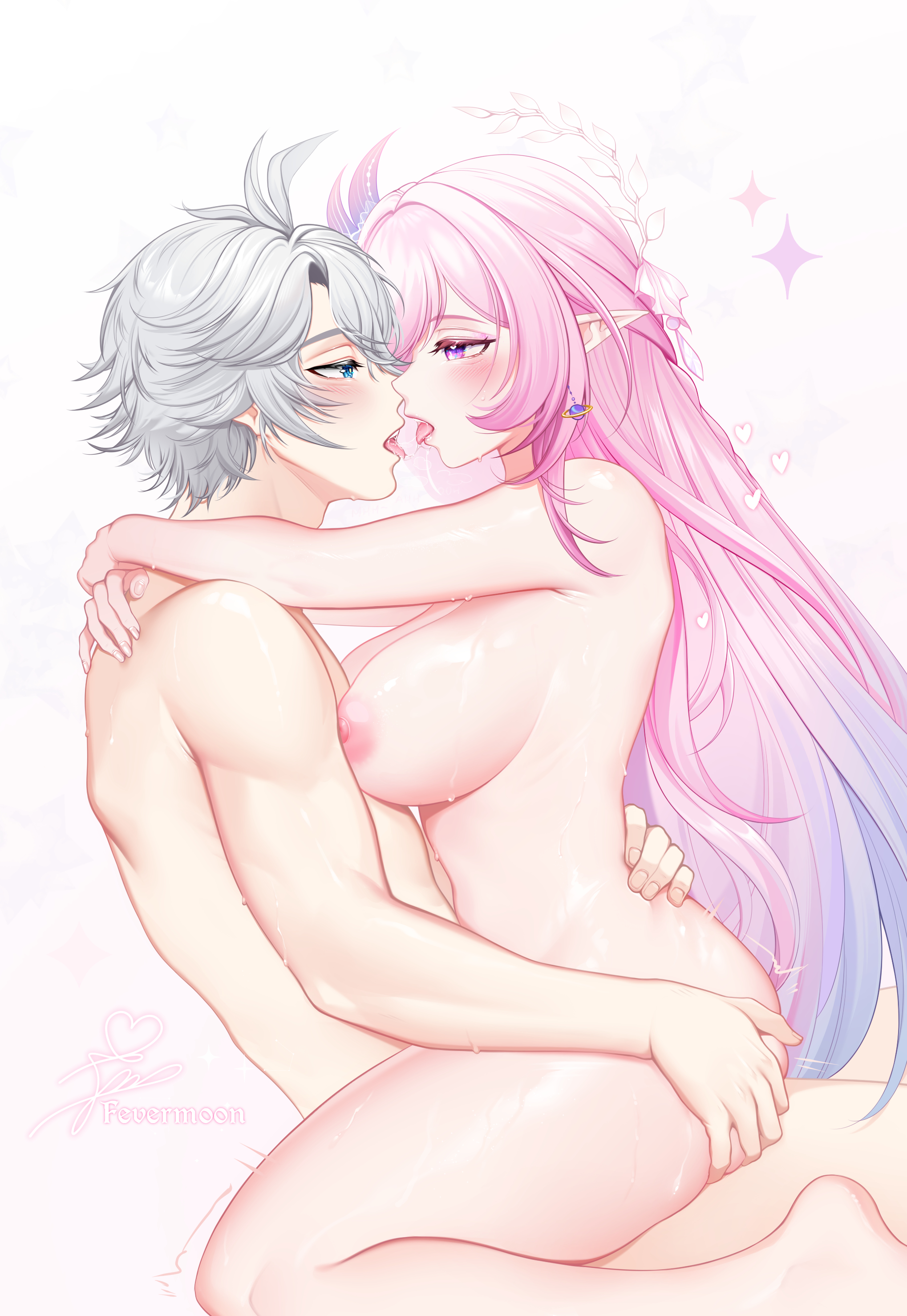 1boy, 1girls, absurdres, after kiss, artist name, blue eyes, blush, breasts, completely nude, cowgirl position, cyrene (honkai: star rail), demiurge (honkai: star rail), earrings, eye contact, female, fevermoon (artist), fingernails, gradient hair, grey hair, hair ornament, heart, heart in eye, highres, honkai (series), honkai: star rail, hug, jewelry, large breasts, long hair, looking at another, male, multicolored hair, nipples, nude, open mouth, phainon (honkai: star rail), pink eyes, pink hair, planet earrings, pointy ears, saliva, saliva trail, short hair, shoulder blades, signature, sweat, symbol in eye, teeth, thighs, tongue, tongue out, upper teeth only, white background