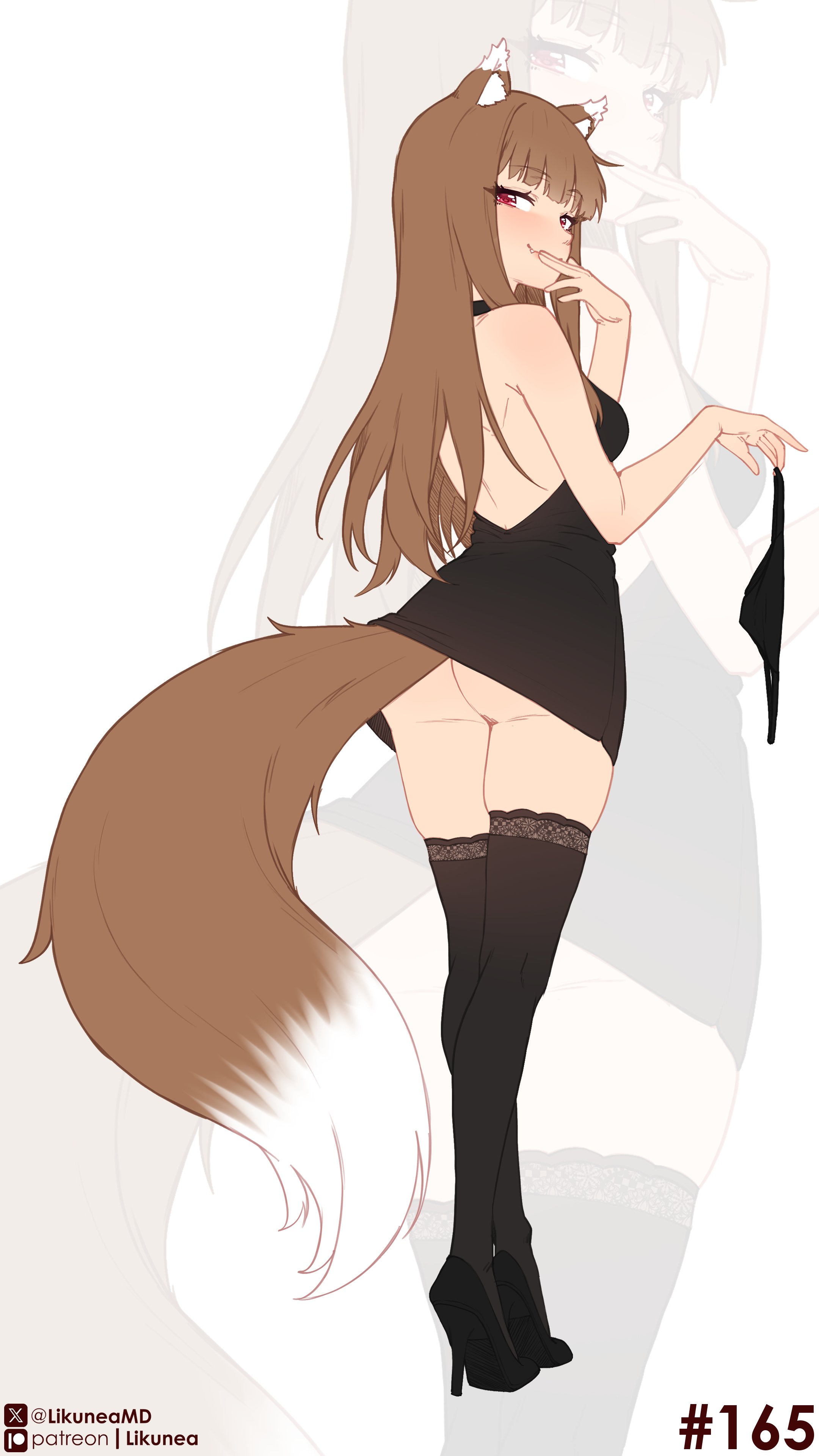 1girls, absurdres, animal ears, animal tail, ass, ass peek, bare back, black dress, black panties, black shoes, black thighhighs, breasts, brown hair, brown hair female, brown-haired female, canine humanoid, closed mouth, commentary, cute fang, dress, english commentary, female, female only, flirting, fluffy, fluffy tail, from behind, full body, heels, highres, hime cut, holding, holding panties, holding underwear, holding unworn clothes, holo, kemonomimi, likunea, long hair, looking at viewer, looking back, no panties, oerba yun fang, panties, panties removed, patreon logo, patreon username, red eyes, red eyes female, red-eyed female, shoes, simple background, small breasts, smile, sole female, solo, spice and wolf, standing, tail, tail under skirt, thighhighs, twitter username, twitter x logo, underwear, unworn panties, white background, wolf ears, wolf girl, wolf humanoid, wolf tail, zoom layer