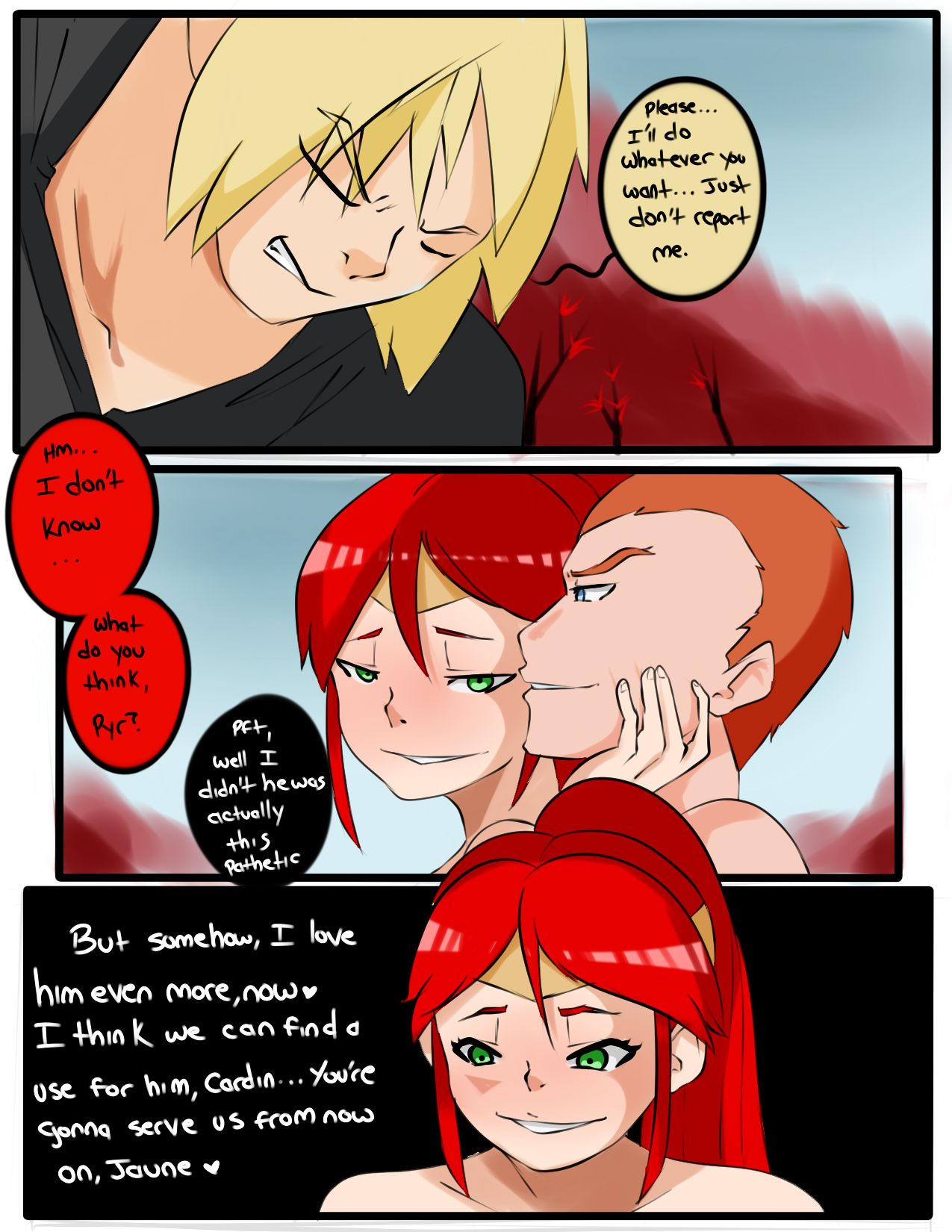 1girls, 2boys, bad end, broken rape victim, captured heroine, cardin winchester, circlet, corrupted, corruption, cucked by bully, cuckold, english text, female, femsub, high ponytail, human, inuyuru, jaune arc, long hair, male, mind break, multiple boys, multiple males, netorare, pathetic, ponytail, pyrrha nikos, rape, red hair, rwby, sex, shiny hair, shiny skin, text