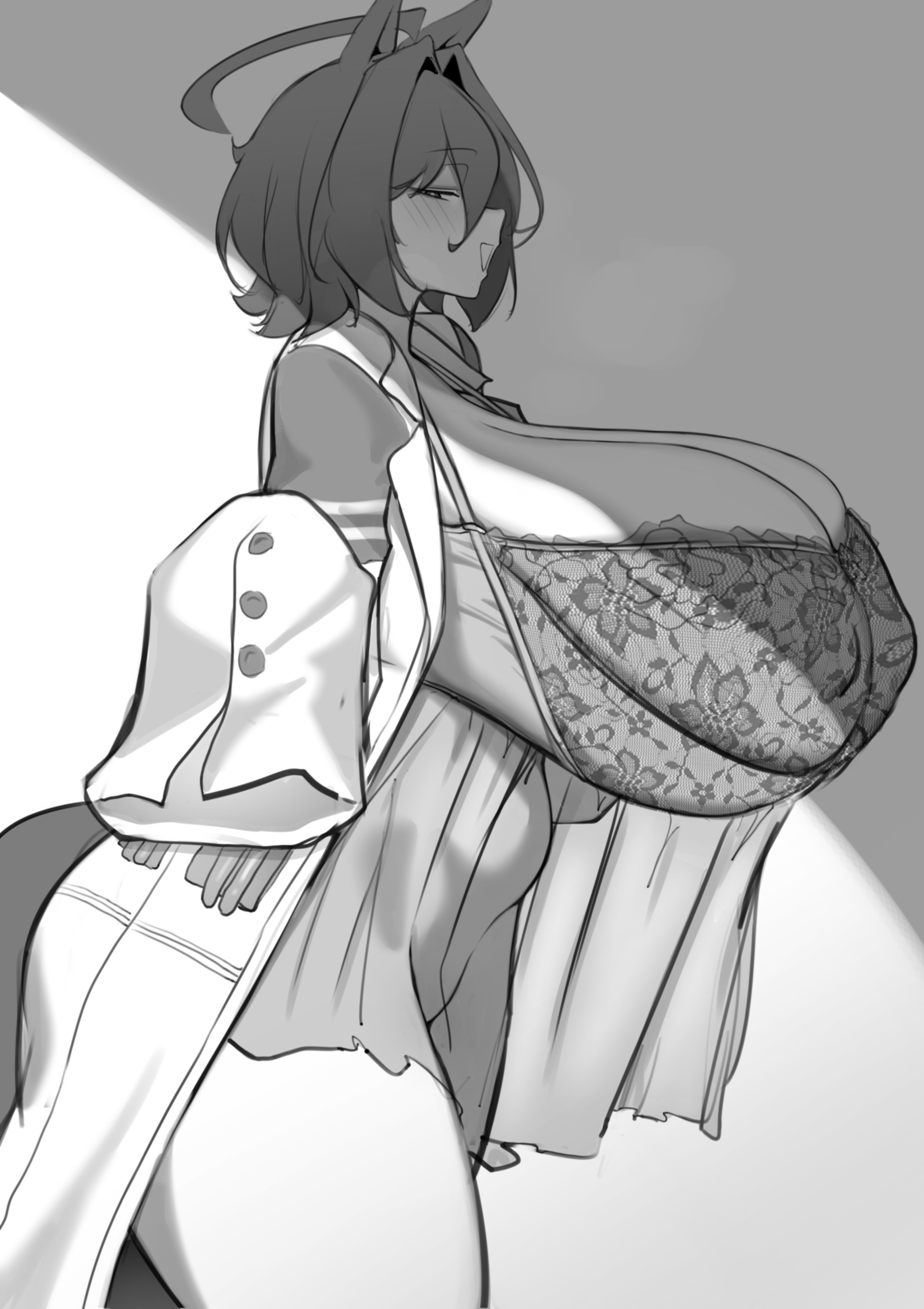 1girls, 2026, 2d, 2d (artwork), 2d artwork, absurd res, absurdres, agnes tachyon (umamusume), ahoge, animal ears, animal humanoid, animal tail, bedroom eyes, big breasts, big thighs, black and white, blush, blush lines, blushing, breasts bigger than head, busty, cleavage, coat, cowboy shot, cowlick, curvaceous, curvaceous female, curvaceous figure, curvy, curvy body, curvy female, curvy figure, equine, female, female only, gigantic breasts, hi res, highres, horse, horse ears, horse girl, horse tail, huge breasts, huge thighs, k dhen, lab coat, labcoat, large breasts, large thighs, light skin, light-skinned female, lingerie, looking at viewer, midriff, monochrome, nipple bulge, nipples, revealing clothes, seductive, seductive eyes, seductive look, seductive smile, short hair, side view, skimpy, skimpy clothes, smile, smiling, smiling at viewer, smooth skin, solo, solo female, tail, thick, thick legs, thick thighs, thighs, thighs bigger than head, umamusume, umamusume pretty derby, voluptuous, voluptuous female