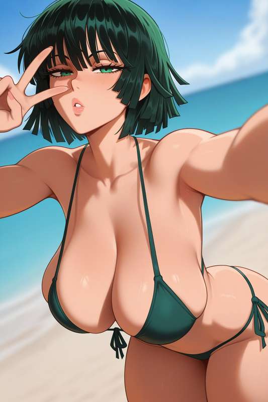 1girls, ai generated, beach, big breasts, bikini, breasts, dark green hair, female, female only, fubuki (one-punch man), green bikini, green eyes, green hair, hair, light skin, light-skinned female, mature, mature female, one-punch man, selfie, short hair, solo, solo female, waifuinvoker
