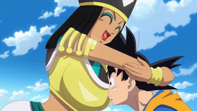 1boy, 1girls, between breasts, breasts, dragon ball, dragon ball super, dragon ball z, female, goddess, goku, heles, helles, hug, male, saiyan, son goku, spiky hair, what if