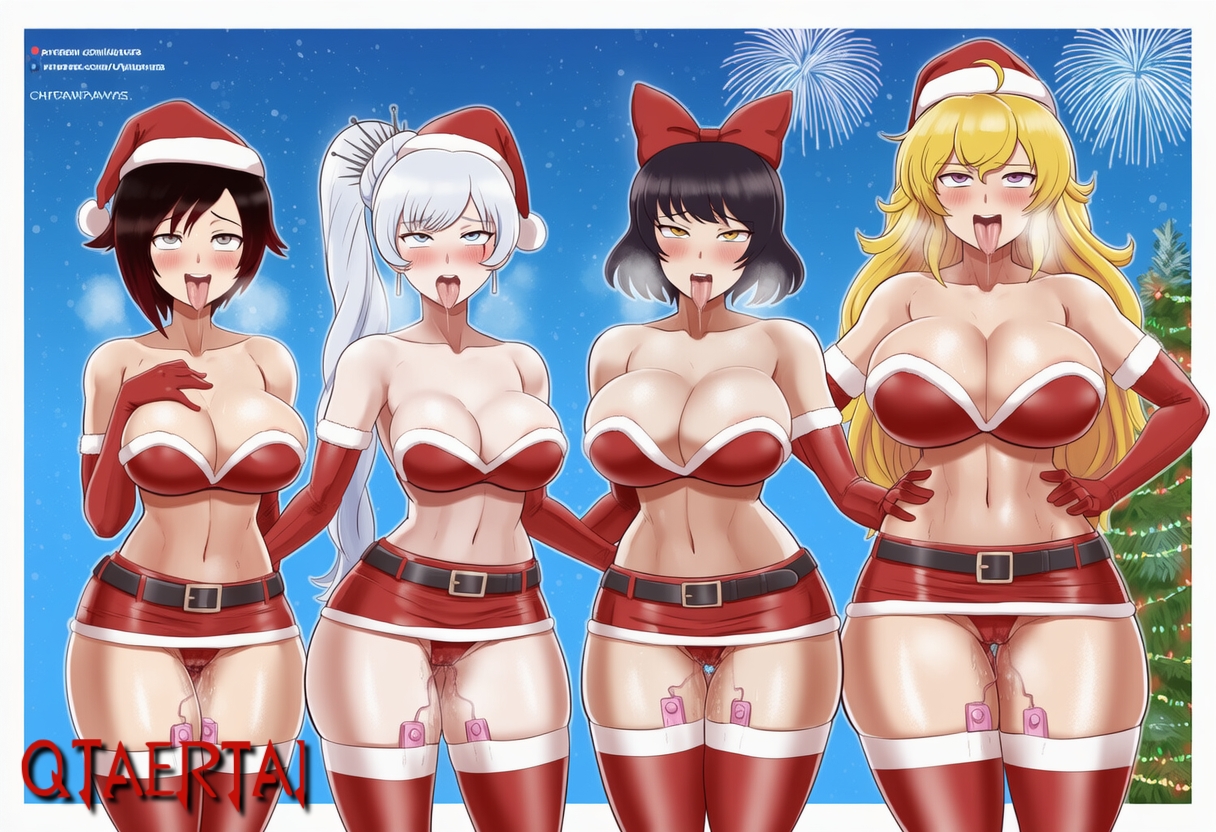 4girls, ahe gao, ai generated, big breasts, bikini, black hair, blake belladonna, blonde hair, christmas, christmas headwear, christmas outfit, drooling, group picture, medium breasts, micro bikini, orgasm, ponytail, qtaert, qtaertai, ruby rose, rwby, small breasts, steamy breath, team rwby, thong, tongue, tongue out, vibrator, vibrator in pussy, weiss schnee, white hair, yang xiao long