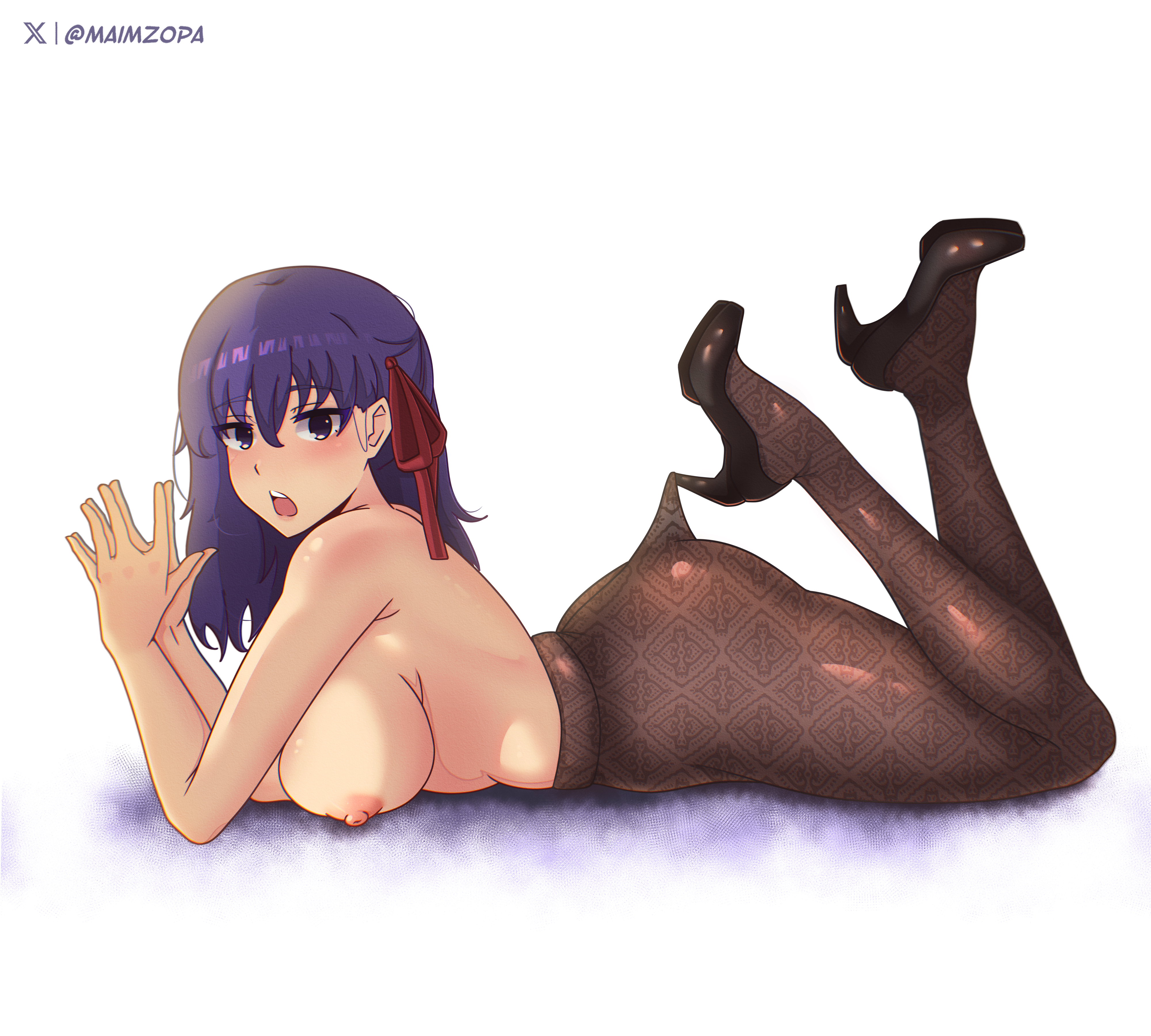 ass, breasts, fate (series), fate/grand order, fate/stay night, lace pantyhose hooked on heel (meme), large breasts, maimz, matou sakura, pantyhose, purple eyes, purple hair, sakura matou, socks