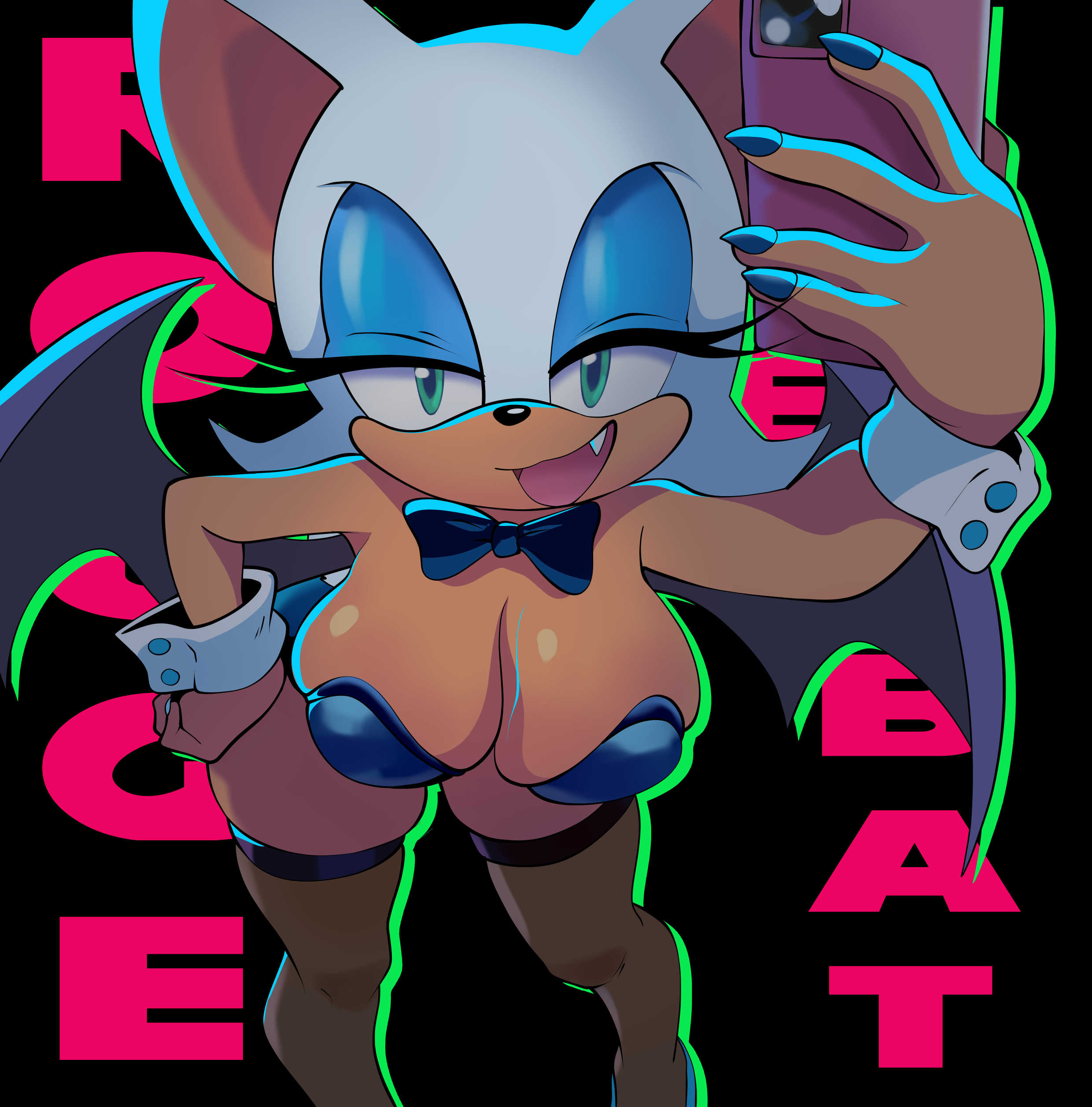 2d (artwork), alternate costume, anthro, apsel bluestar, bat, bedroom eyes, big breasts, bowtie, bunnysuit, cellphone, cleavage, female, fishnets, leopard, looking at viewer, open mouth, rouge the bat, seductive, sega, selfie, sonic (series), sonic the hedgehog (series), wings