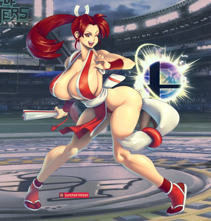 1girls areolae ass big_breasts breasts brown_eyes brown_hair clothed clothing crossover eyebrows eyelashes fan fatal_fury female female_focus female_only huge_breasts king_of_fighters legs looking_at_viewer mai_shiranui nintendo nipples nipples_visible_through_clothing one_eye_closed outdoors ponytail pose sandals smash_ball snk solo solo_focus stadium super_smash_bros. supersatanson thick_thighs thighs wink