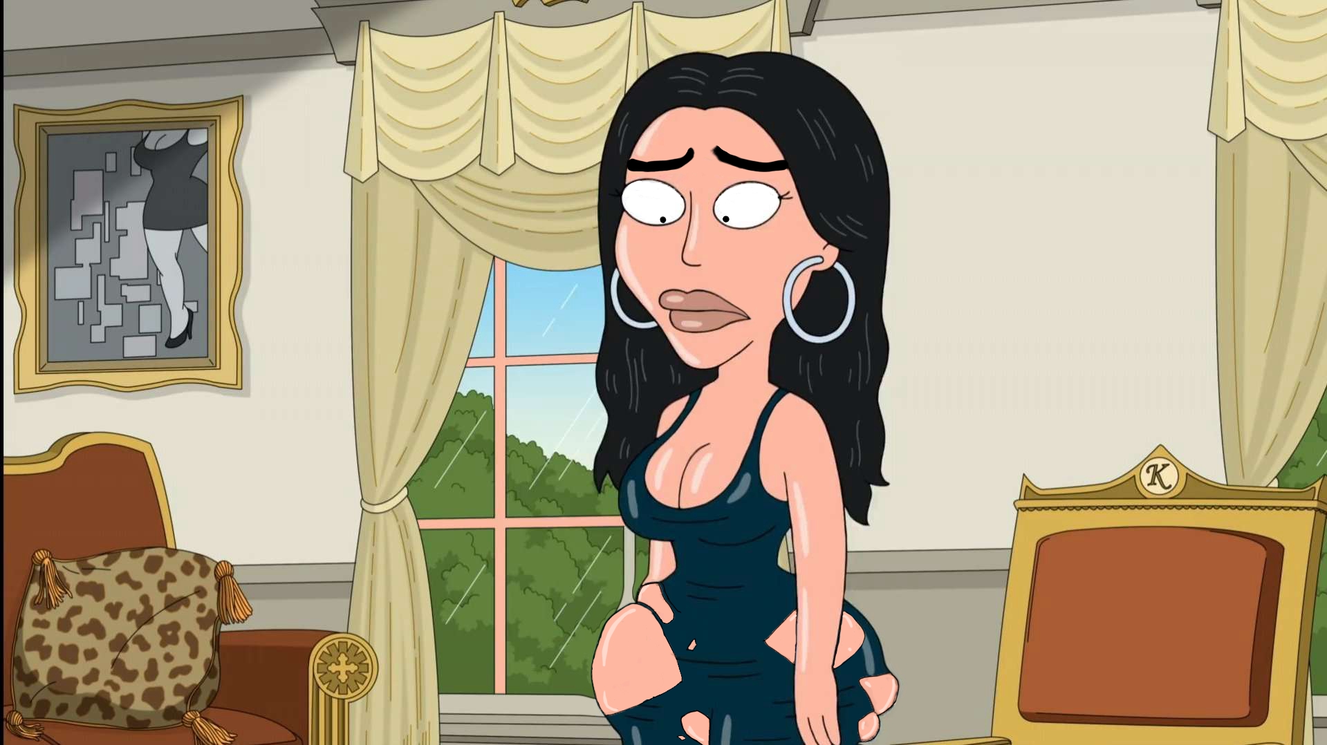 ass, big ass, black hair, edit, family guy, female, kim kardashian, ripped clothing, screencap, screenshot edit, thick thighs