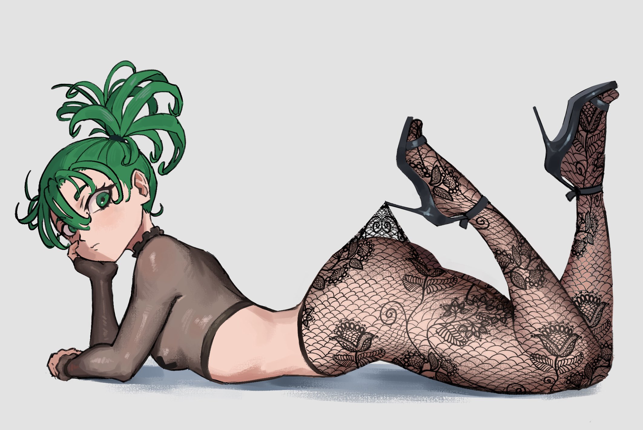 alternate costume, alternate hairstyle, ass, black shoes, breasts, crop top, cross, cross pasties, female, floral print pantyhose, green hair, grey background, hair between eyes, hair tie, hair up, head rest, high heels, high-waist pantyhose, highres, hooked on heel, lace pantyhose, lace pantyhose hooked on heel (meme), long sleeves, looking at viewer, lying, meme, midriff, on stomach, one-punch man, pantyhose, pasties, sagaandersart, see-through clothes, shoes, short hair, simple background, small breasts, solo, tatsumaki