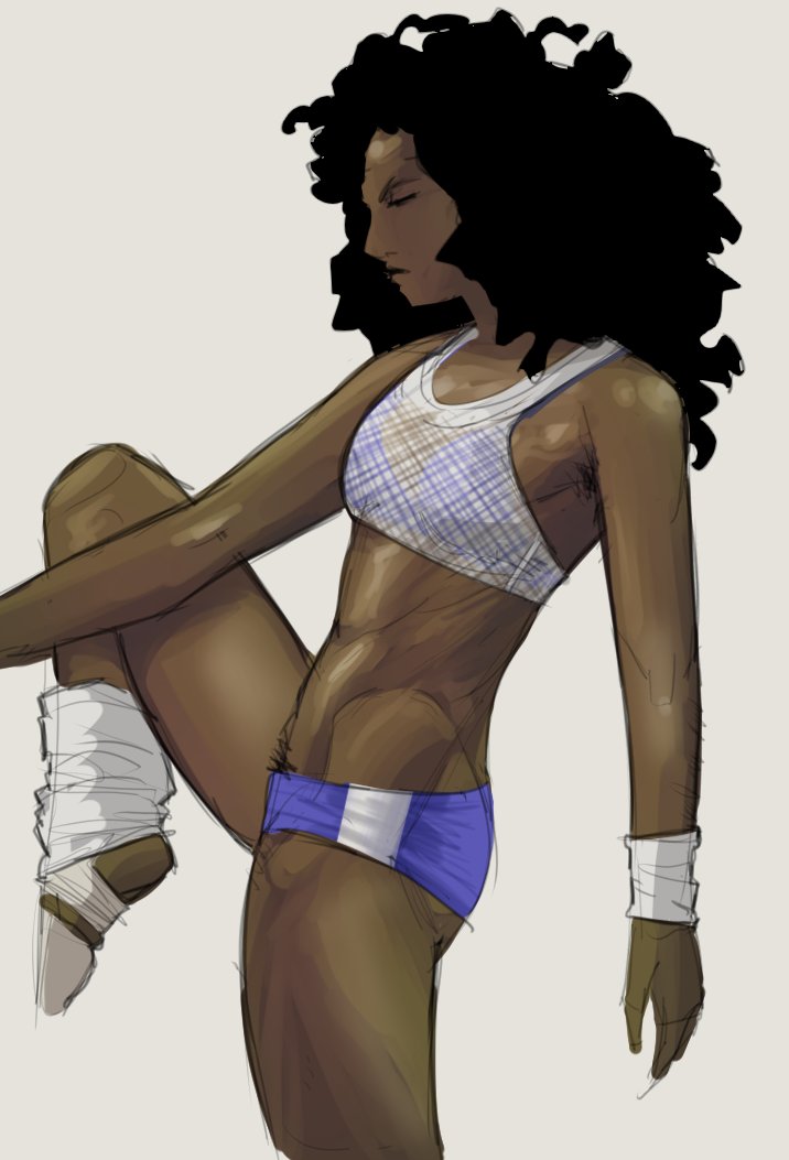 athletic, athletic female, brown skin, brown skinned female, closed eyes, curly hair, dark skin, dark-skinned female, female, female only, flat chest, flat chested, happy trail, hulk (series), human, jennifer walters, marvel, marvel comics, md34, muscular, muscular female, pubic hair, shorts, side view, solo, solo female, sports bra, sports shorts, sportswear, stretching, thighs, wristband