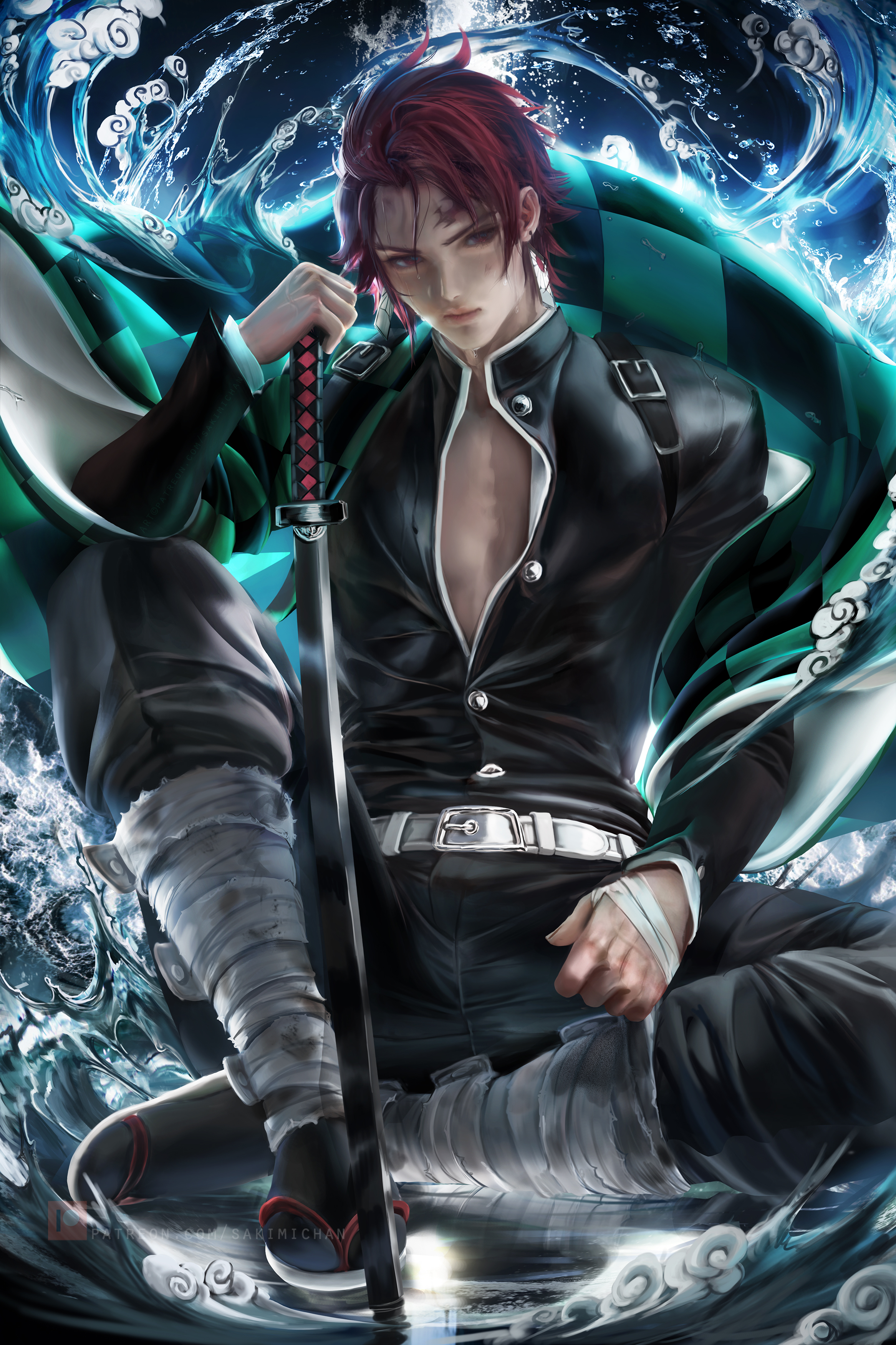demon slayer, detailed, detailed background, haori, kamado tanjirou, kimetsu no yaiba, male, male focus, male only, realistic, sakimichan, solo, sword, water
