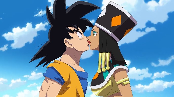 1boy, 1girls, dragon ball, dragon ball super, dragon ball z, female, goddess, goku, heles, helles, kissing, lipstick, male, saiyan, son goku, spiky hair, what if