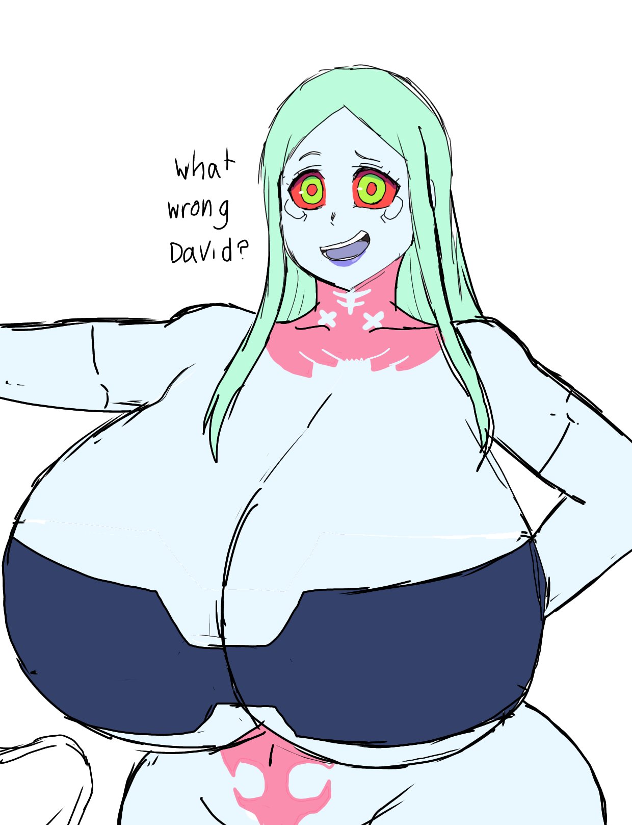 1girls, 2d, 2d (artwork), alternate body type, alternate breast size, big breasts, breasts, breasts bigger than head, busty, busty female, cd projekt red, curvy, curvy body, curvy female, curvy figure, cyberpunk 2077, cyberpunk: edgerunners, david martinez (edgerunners), digital drawing (artwork), digital media (artwork), female, gigantic breasts, huge breasts, hyper breasts, large breasts, male, male pov, mature, mature woman, momiji (artist), netflix, rebecca (edgerunners), simple background, solo, solo female, solo focus, tagme, upper body, white background
