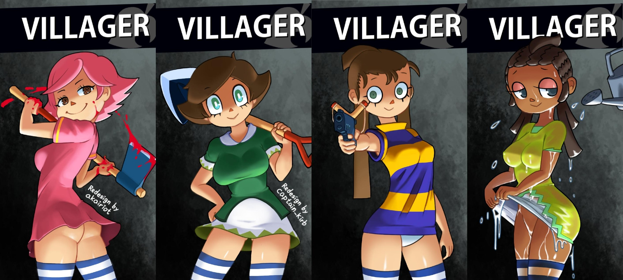 2025, 2d, 4girls, akairiot, animal crossing, animal crossing girl, ass, axe, blood on face, blood splatter, breasts, brown eyes, brown hair, captain kirb, dark skin, dark-skinned female, dripping, dripping wet, female, female only, green clothing, green eyes, gun, human, light skin, light-skinned female, minus8, nintendo, no panties, only player, panties, pink clothing, pink hair, pouring, pouring liquid, striped shirt, super smash bros., thighhighs, thighs, underwear, villager (animal crossing), water, watering can, wet, wet clothes, white panties