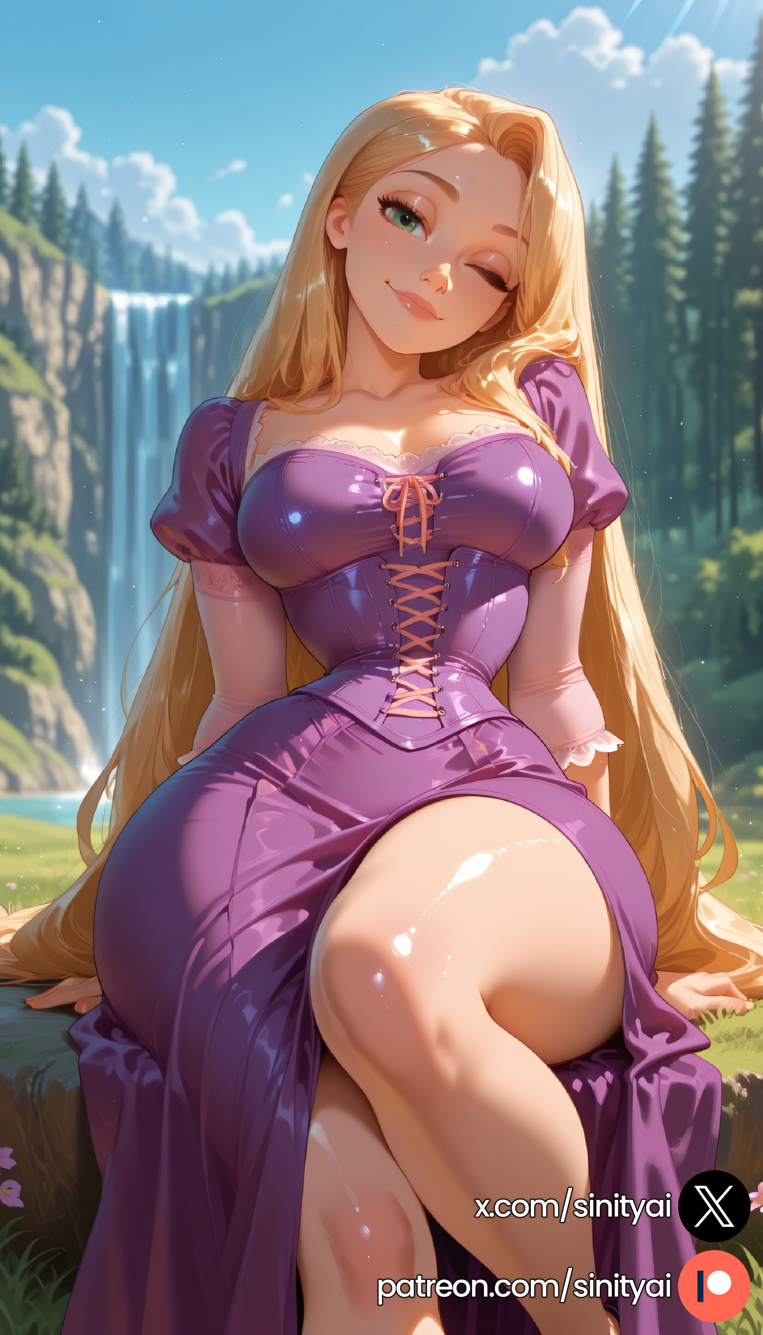 1girls, 2025, ai generated, ass, big ass, big breasts, blonde hair, blurred background, blurry background, breasts, depth of field, disney, disney princess, female, green eyes, hi res, high quality, high resolution, highres, huge ass, huge breasts, huge thighs, long hair, rapunzel, rapunzel (tangled), sinity, small waist, tangled, thick thighs, thin waist, very long hair, yellow hair