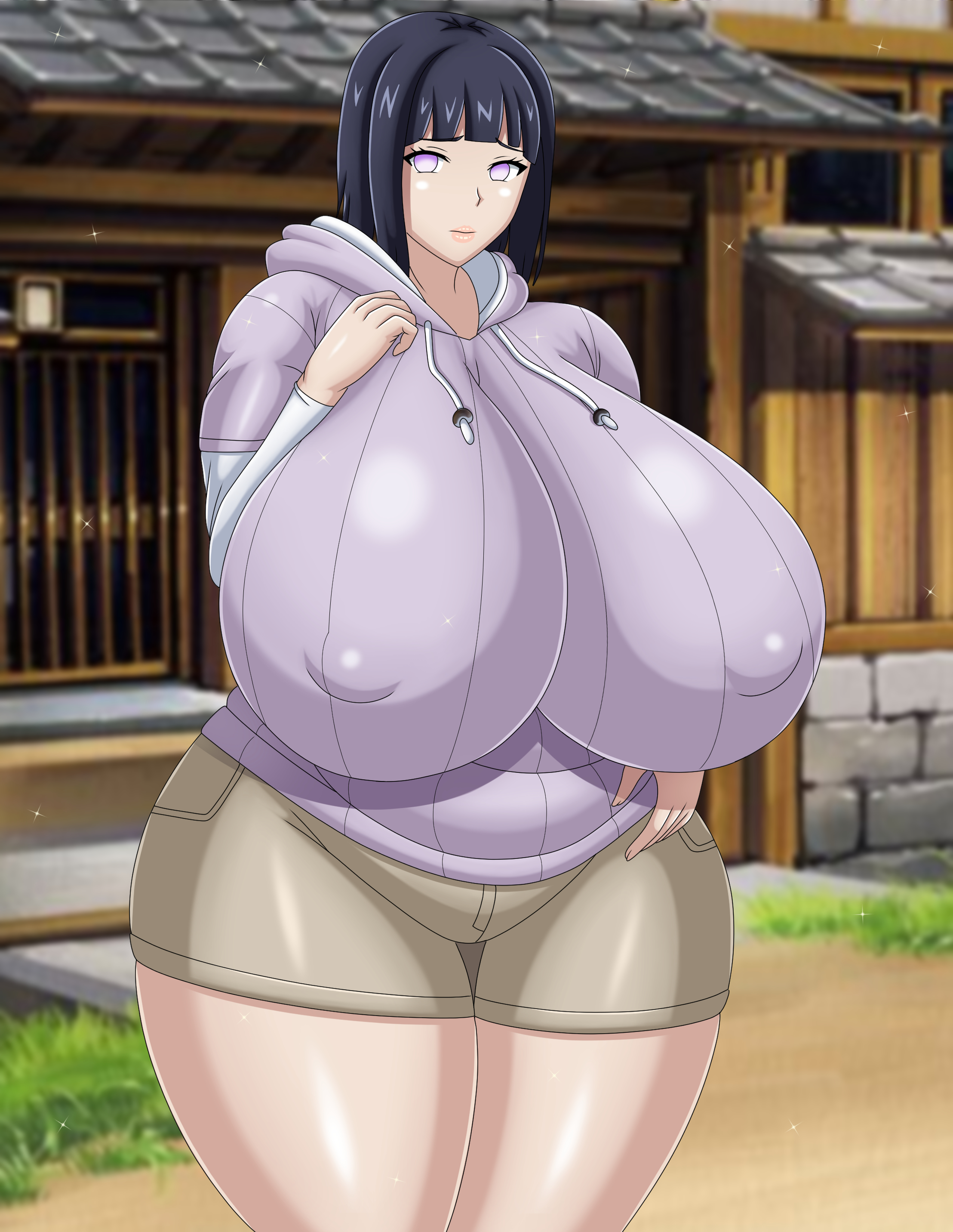 1girls, alternate body type, alternate breast size, bob cut, boruto: naruto next generations, breasts, breasts bigger than head, coresix, curvy, erect nipples, female, gigantic breasts, hips, hips wider than shoulders, huge breasts, hyuuga hinata, mature female, milf, naruto, naruto (series), nipples, purple eyes, purple hair, shiny skin, short hair, short pants, shorts, tight clothes, tight clothing, tight fit, uzumaki hinata, wide hips