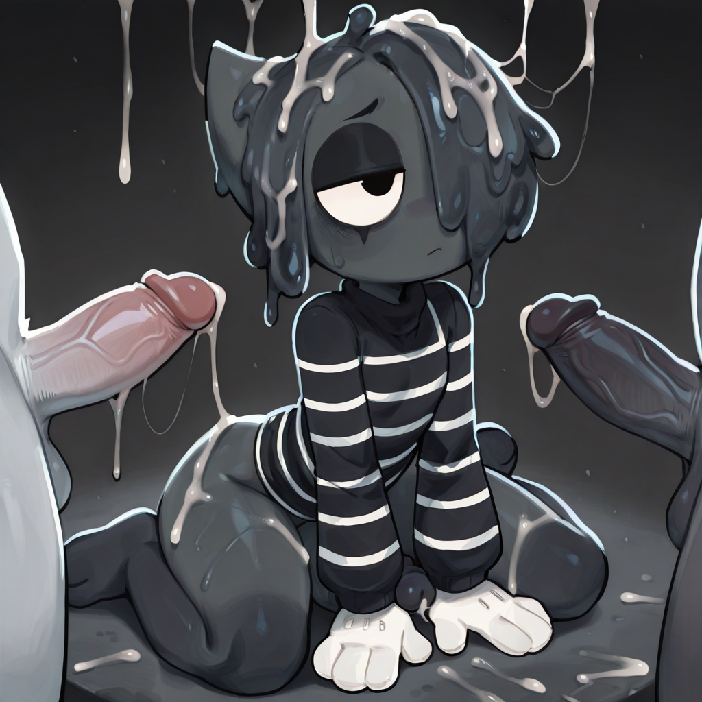1boy, 2others, 3boys, ai, ai generated, anthro, anthro focus, black body, blot (dandy's world), clothed, covered in cum, cum, cum everywhere, cum string, cumming on body, dandy's world, dandys world, dark grey body, degradation, dominated male, femboy, hair covering eye, half-closed eyes, male, male focus, male only, mime, multiple penises, penises, roblox, roblox game, slime hair