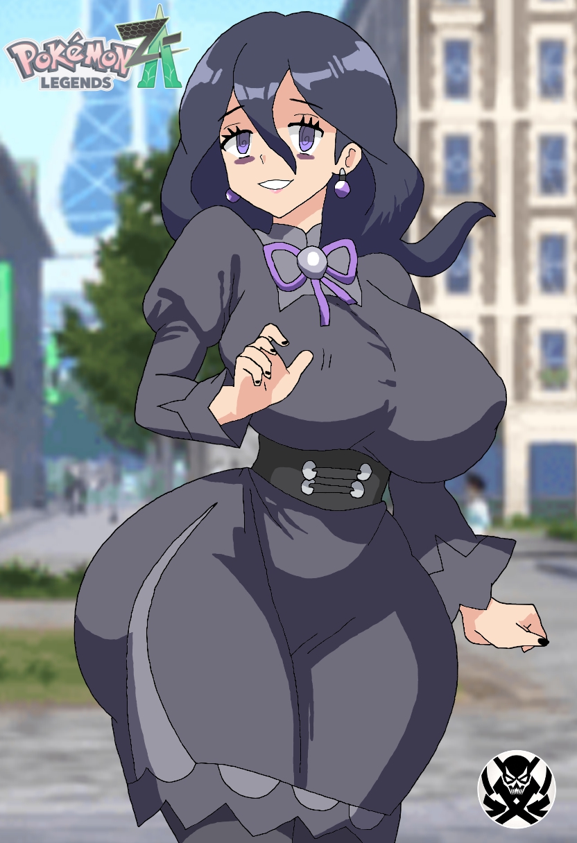 1girls, arm up, bangs, big breasts, black hair, black nails, breasts, child bearing hips, curvaceous, curvy, dress, earrings, female, hex maniac, hex maniac (pokemon legends: z-a), hourglass figure, large breasts, legs together, light skin, light-skinned female, logo, looking at viewer, mature female, ocblurrush, occult maniac, occult maniac (pokemon legends: z-a), occult maniac (pokemon), occult maniac (z-a), older female, outdoors, outside, painted nails, pokemon, pokemon legends: z-a, purple eyes, skin tight, skindentation, small waist, smile, solo, standing, tired eyes, voluptuous, watermark, wide hips