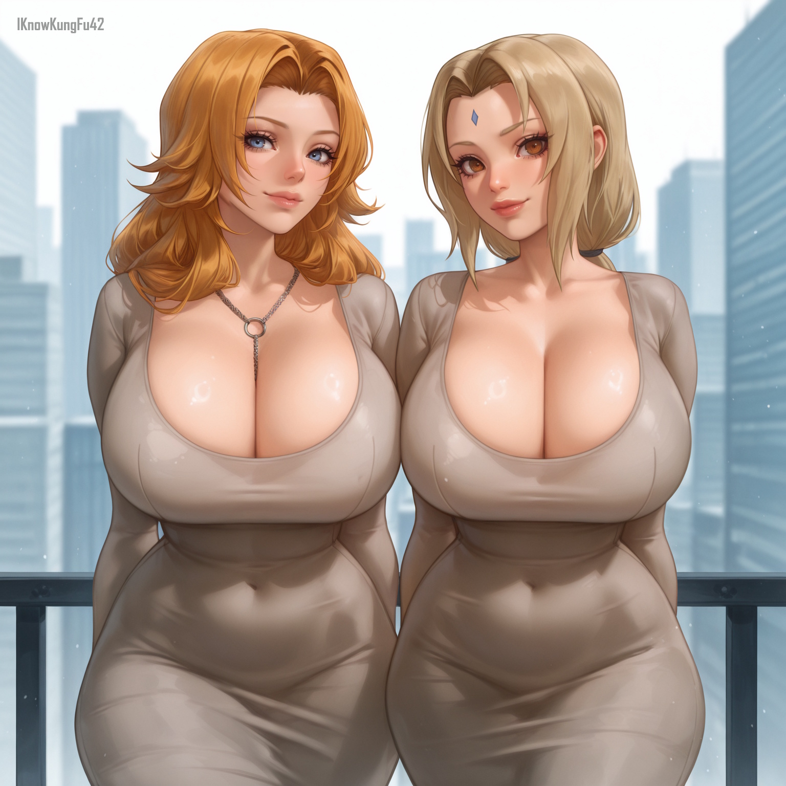 2girls, ai generated, artist name, big breasts, bleach, blonde hair, blue eyes, breasts, brown eyes, cleavage, clothed, clothing, dongtan dress, dress, eyelashes, female, female only, hips, hourglass figure, huge breasts, human, iknowkungfu42, large breasts, light skin, light-skinned female, lips, long hair, looking at viewer, matsumoto rangiku, multiple females, multiple girls, naruto, naruto (series), necklace, smile, tsunade, wide hips