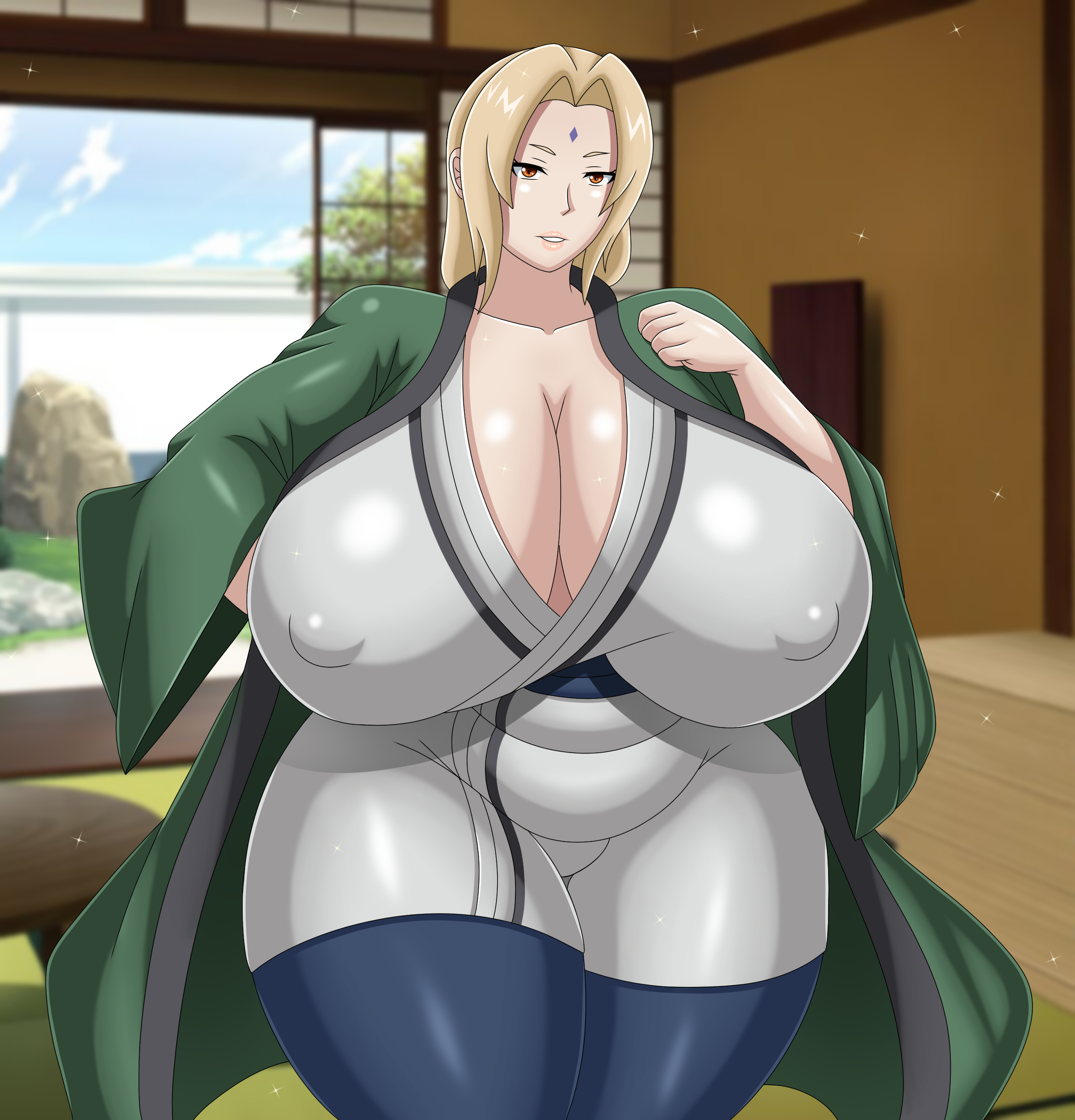 1girls, alternate body type, alternate breast size, blonde hair, breasts, breasts bigger than head, cleavage, coresix, erect nipples, female, gigantic breasts, huge breasts, japanese clothes, kimono, long hair, looking at viewer, mature female, milf, naruto, naruto (series), nipples, orange eyes, shiny clothes, shiny skin, tatami, tight clothing, tight pants, tsunade