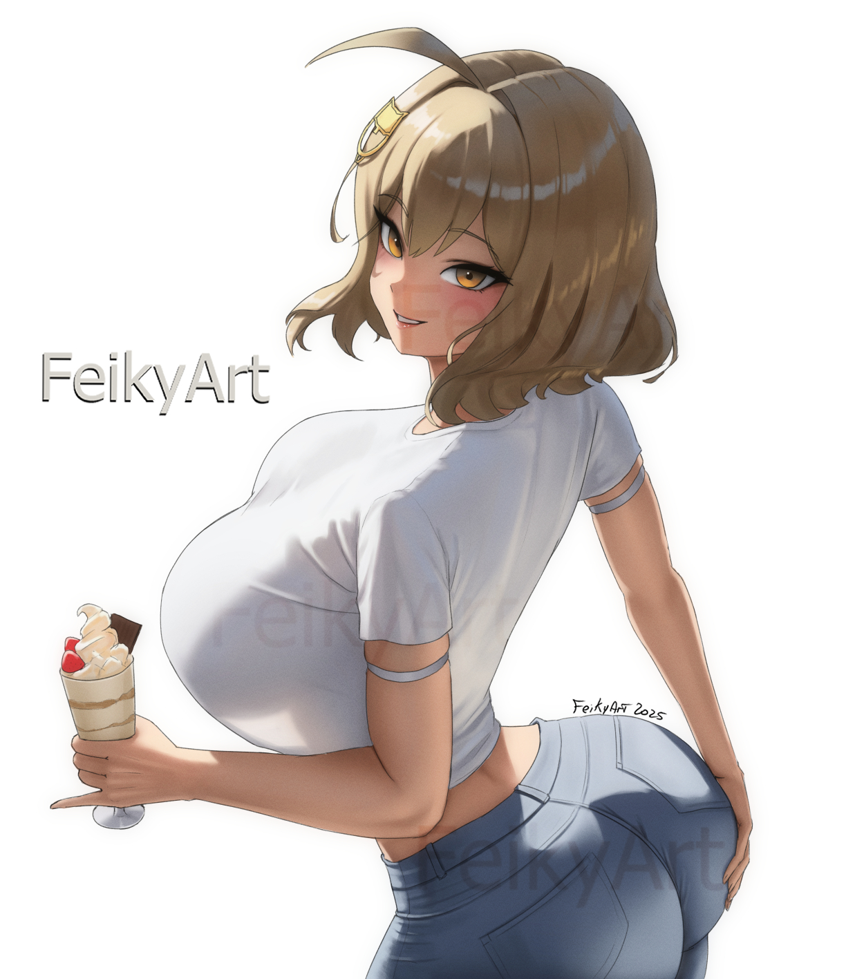 ahoge, anis (nikke), artist name, breasts, brown hair, cat hair ornament, denim, feikyart, female, food, goddess of victory: nikke, hair ornament, highres, holding, holding food, holding ice cream, ice cream, jeans, large breasts, looking at viewer, pants, see-through clothes, see-through shirt, shirt, short hair, simple background, smile, solo, sundae, watermark, white background, white shirt, yellow eyes