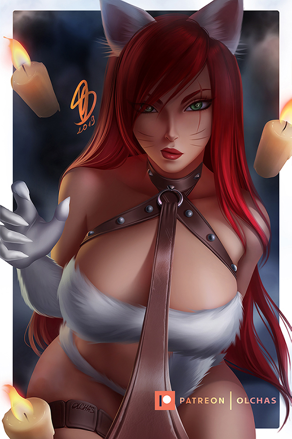 1girls big_breasts bondage breasts cat_ears cleavage collar elbow_gloves female female_only gloves green_eyes katarina_du_couteau kitty_cat_katarina large_breasts league_of_legends leash long_hair looking_at_viewer olchas red_hair red_lipstick solo tales_from_the_rift_series