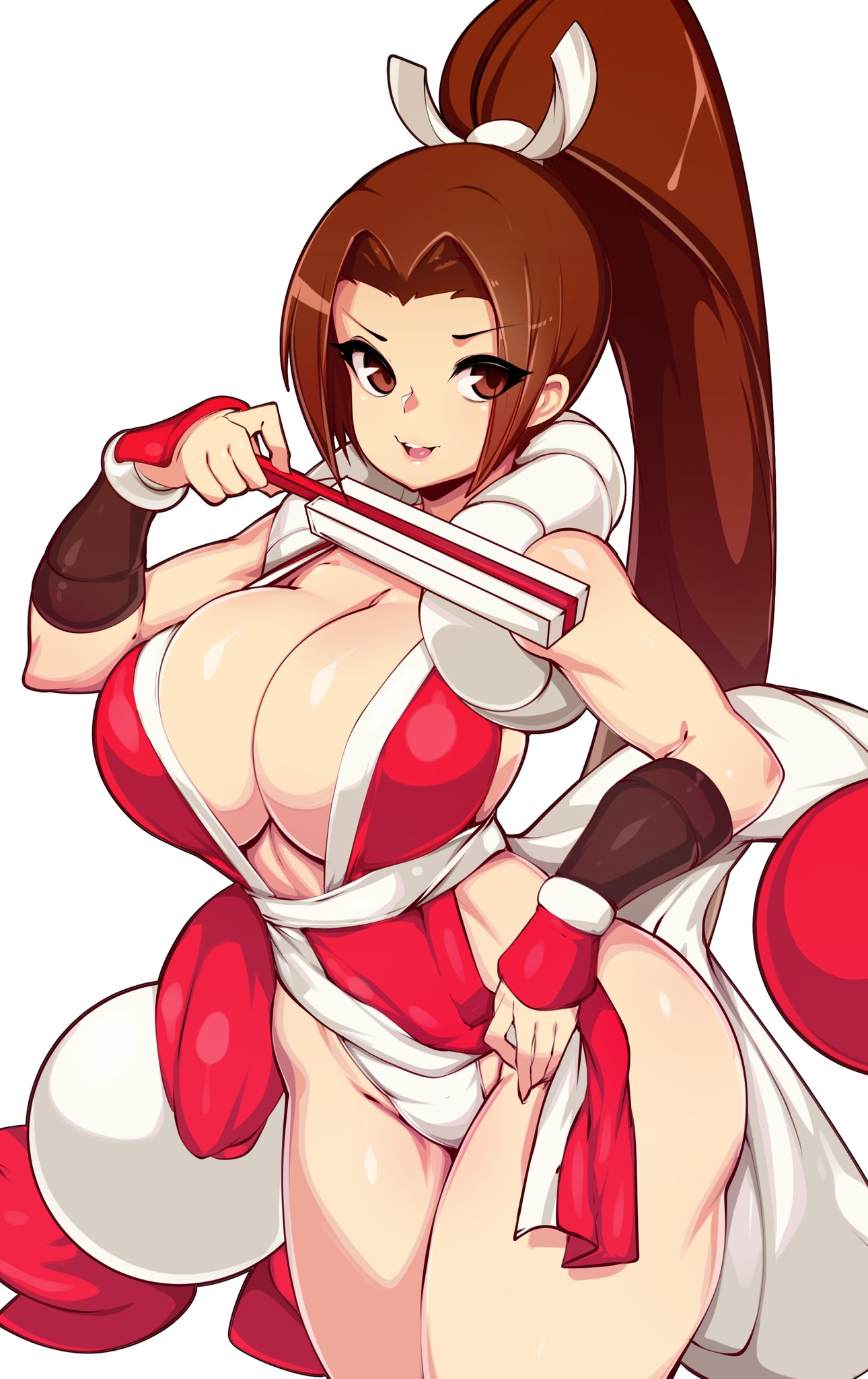 1girls, big breasts, breasts, brown eyes, brown hair, cleavage, clothed, clothing, fatal fury, female, female only, huge breasts, human, king of fighters, large breasts, long hair, mai shiranui, ponytail, slugbox, snk, solo, thick thighs, thighs, very long hair, white background, wide hips