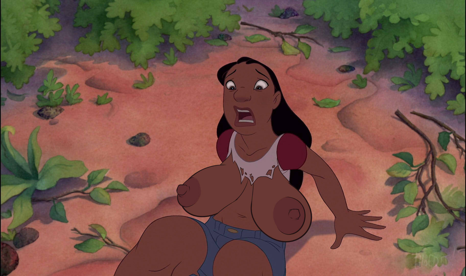 1girls, accurate art style, areolae, big breasts, black hair, breasts, breasts apart, breasts out, brown eyes, dark skin, dark-skinned female, disney, edit, female, female only, huge breasts, huge nipples, human, human only, large areolae, large breasts, lhbedit!, lilo and stitch, nani pelekai, nipples, no bra, nudity, sagging breasts, screenshot, screenshot edit, solo, torn clothes, uncensored