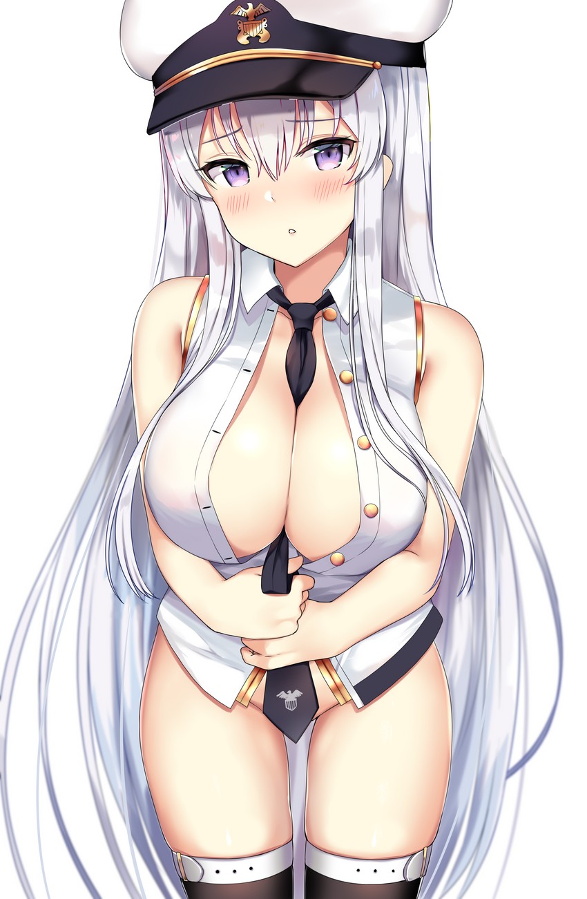 1girls azur_lane between_breasts blush breasts convenient_censoring covered_nipples enterprise_(azur_lane) female hair hat kaetzchen partially_clothed purple_eyes solo thighhighs white_hair